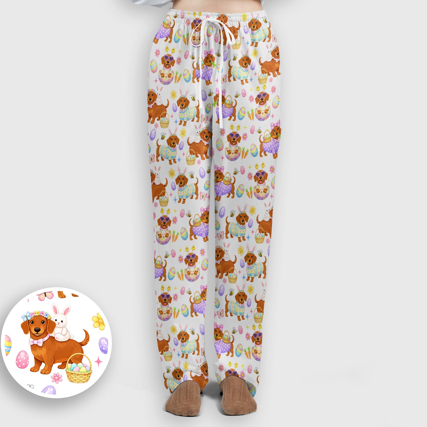 Cute Easter Dachshund Dog Pattern Scrub Set, Scrub Pants and V Neck Top