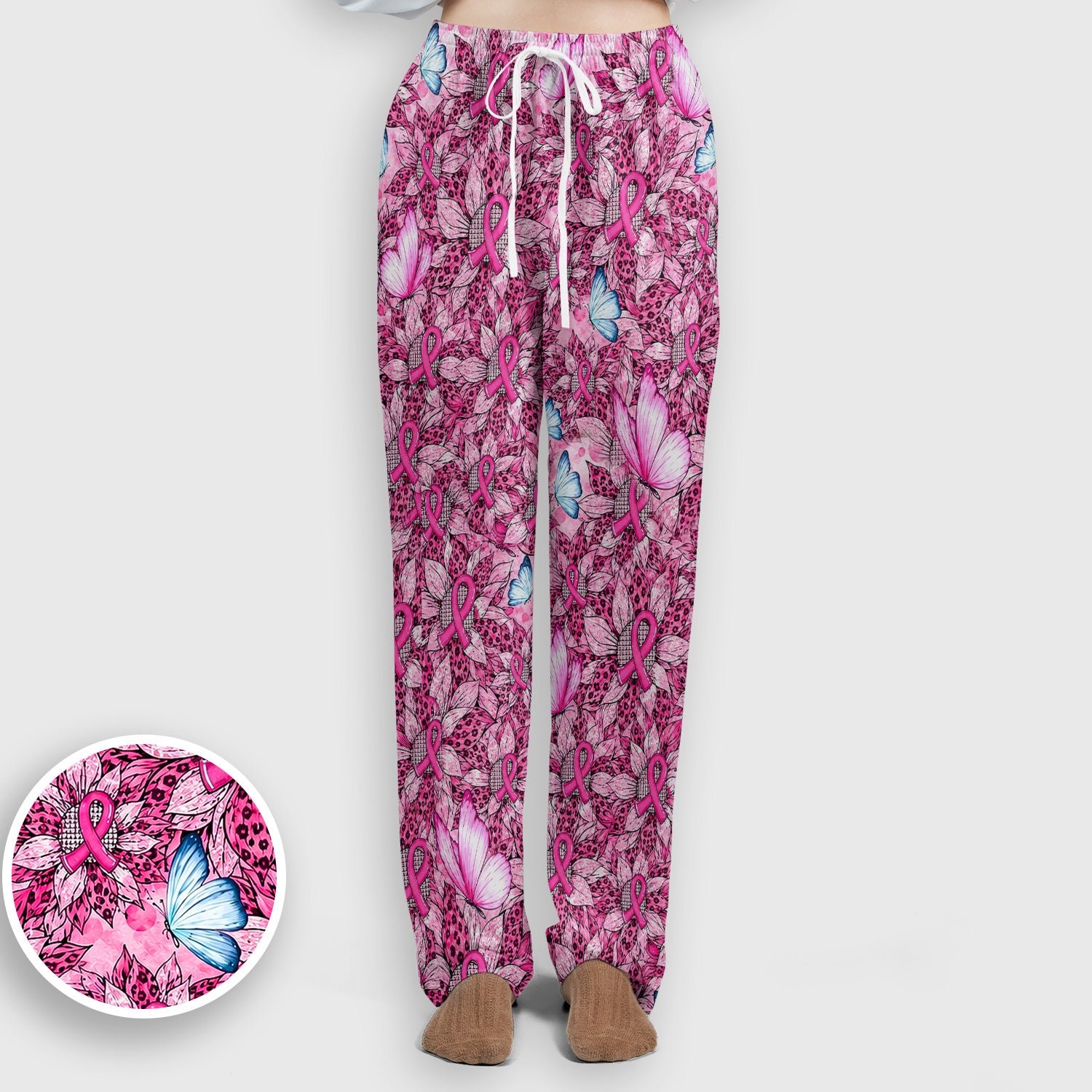 Pink Ribbon Butterfly Breast Cancer Scrub Set, Scrub Pants and V Neck Top
