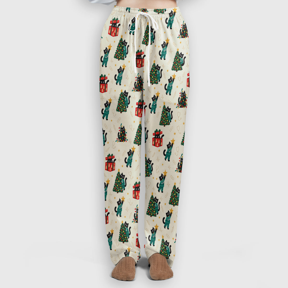 Christmas Black Nurse Cats And Trees Scrub Set, Scrub Pants and V Neck Top
