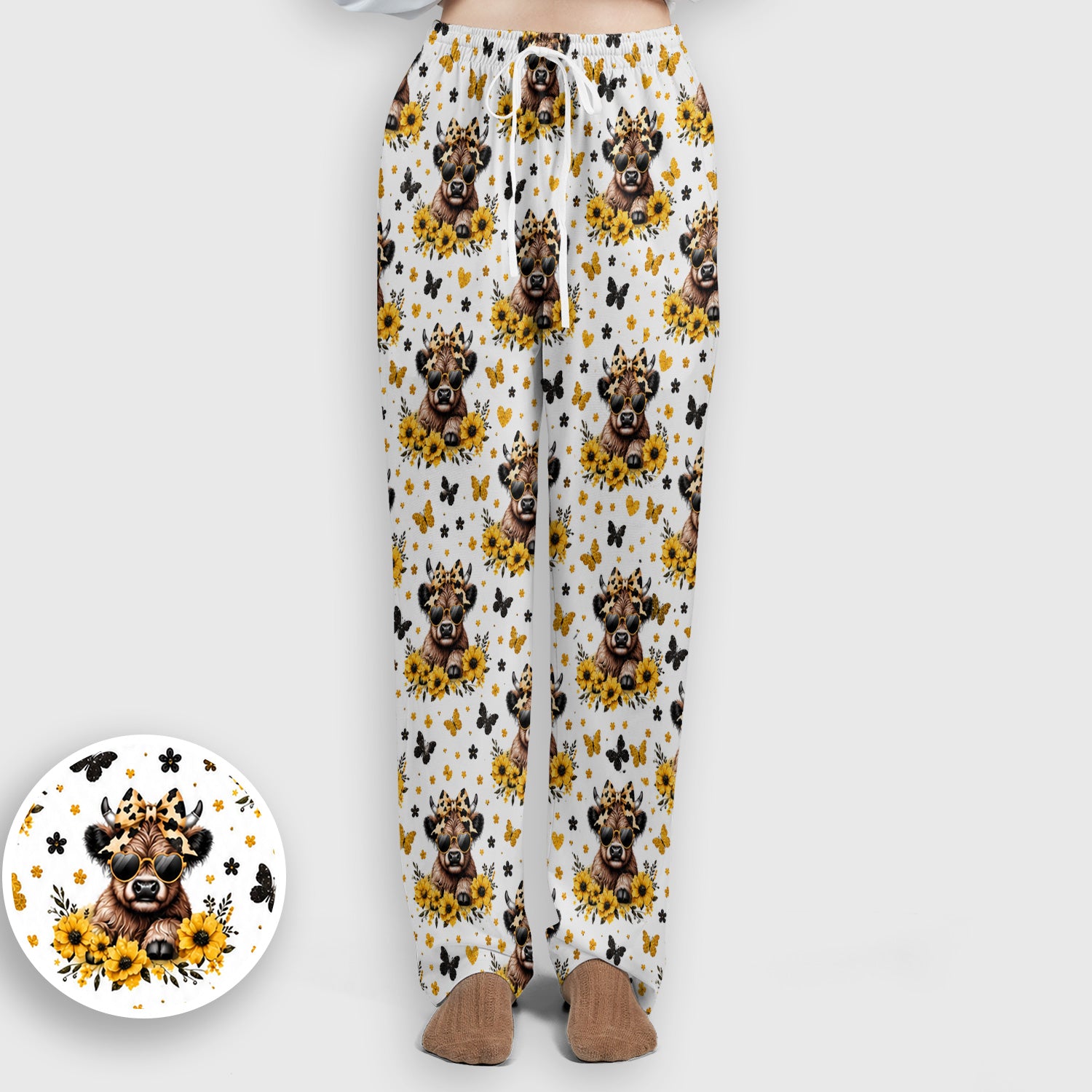 Sassy Highland Cow Sunflower Pattern Scrub Set, Scrub Pants and V Neck Top