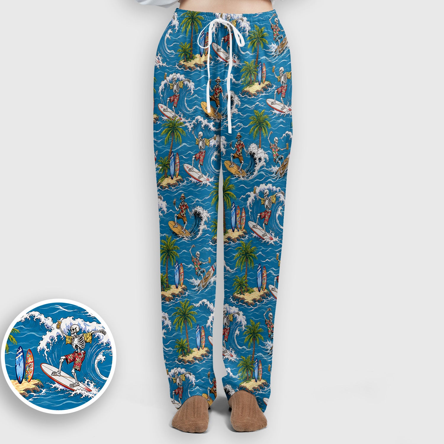 Spooky Tropical Skeleton Surfer Pattern Scrub Set, Scrub Pants and V Neck Top