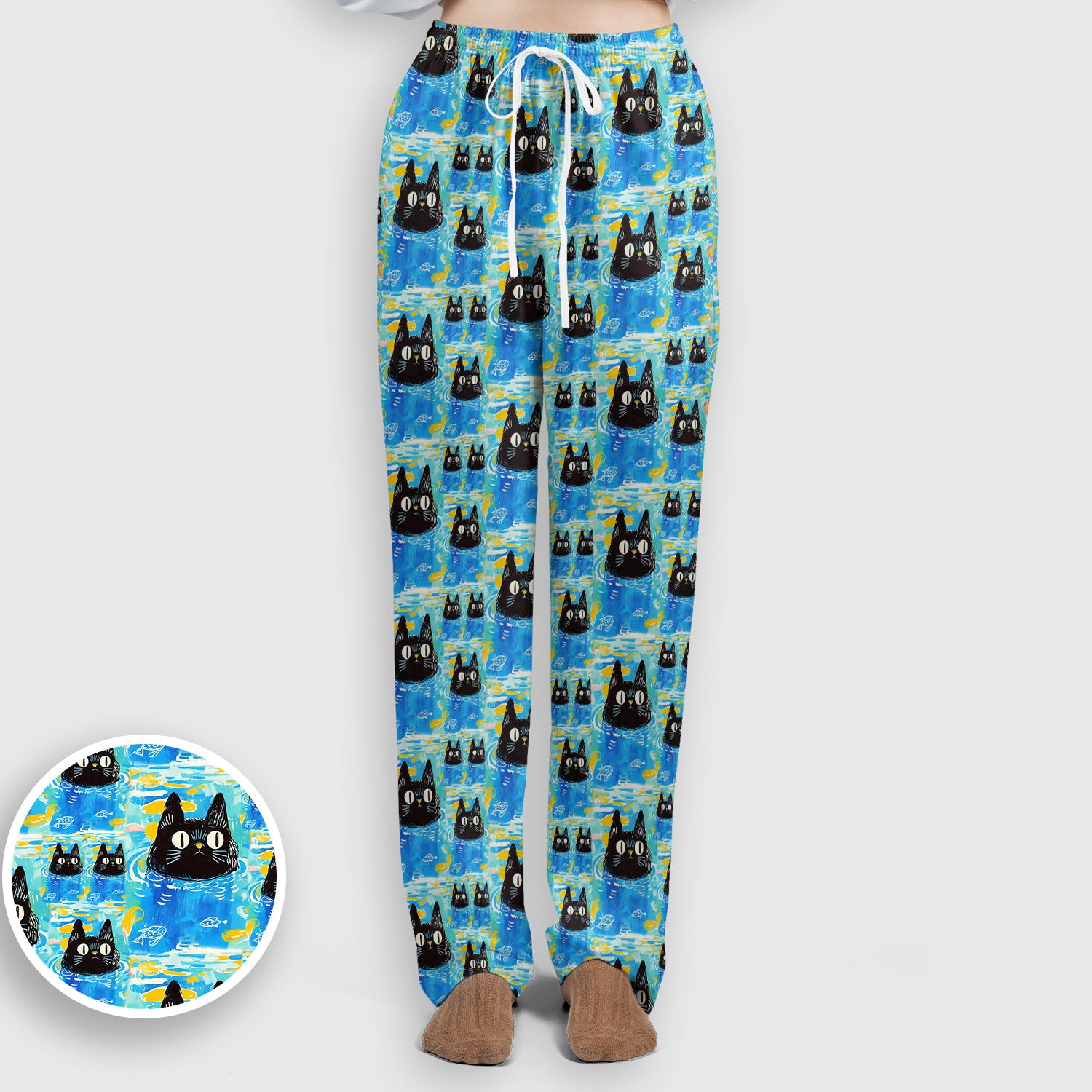 Black Cat Swimming In Blue Water Pattern Scrub Set, Scrub Pants and V Neck Top