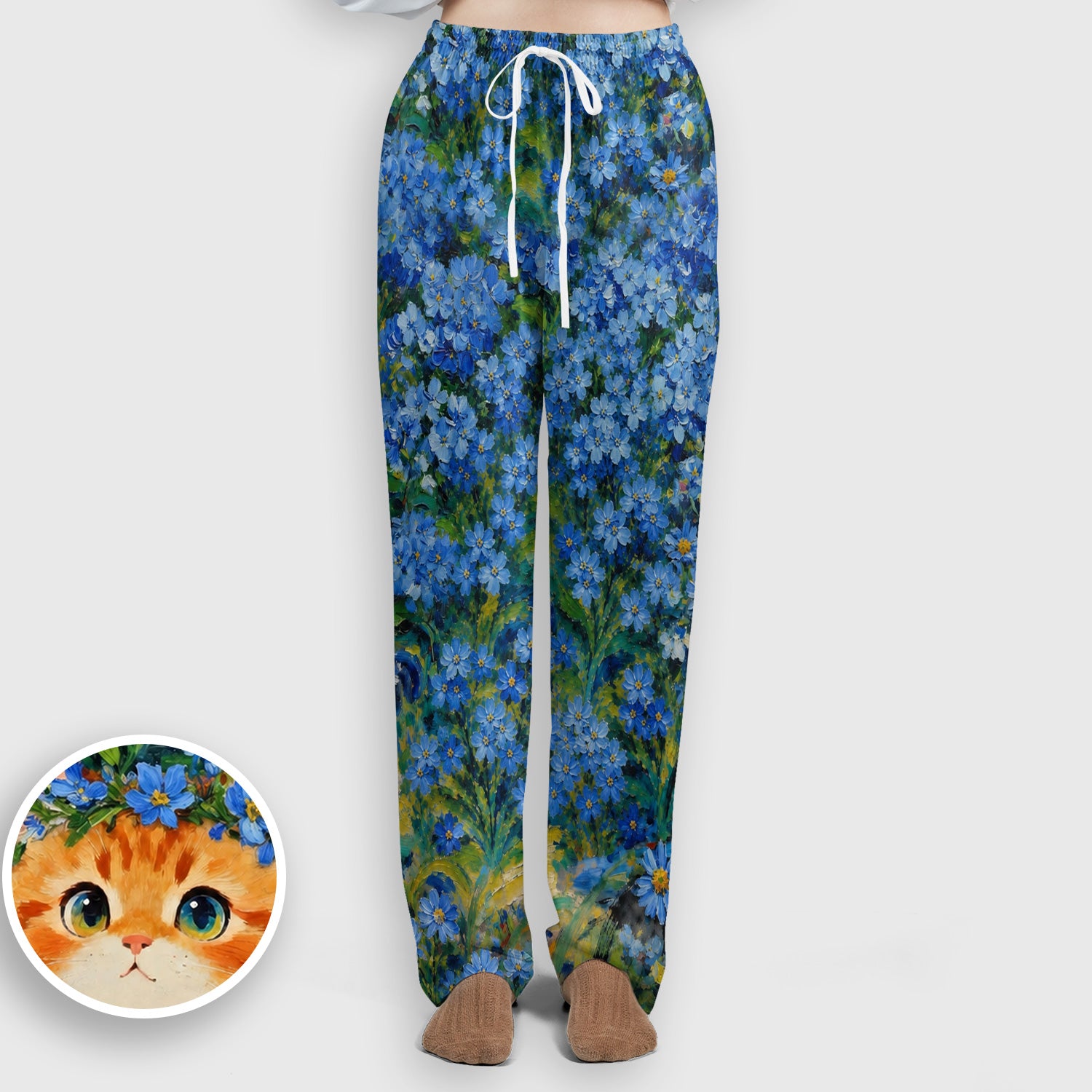 Cute Blue Floral Cat Nurse for Pediatric Nurses, RN, CNA, Pet Lover Medical Scrub Set, Scrub Pants and V Neck Top
