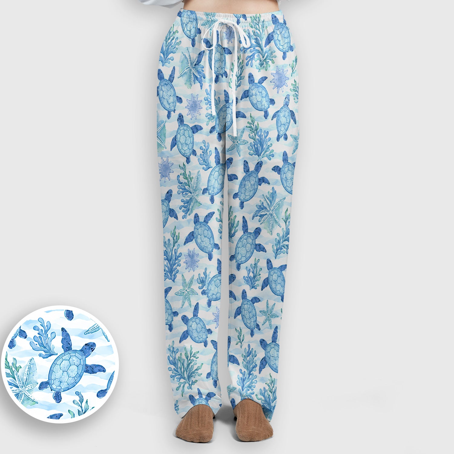 Cute Coastal Sea Turtle Coral Pattern Scrub Set, Scrub Pants and V Neck Top