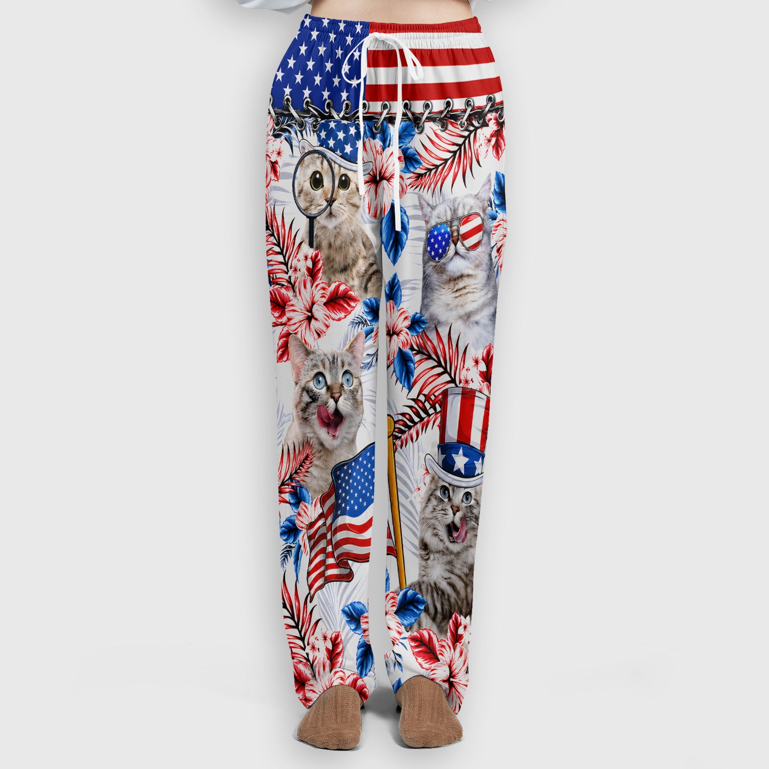 Patriotic Cat with USA Flag Scrub Set, Scrub Pants and V Neck Top