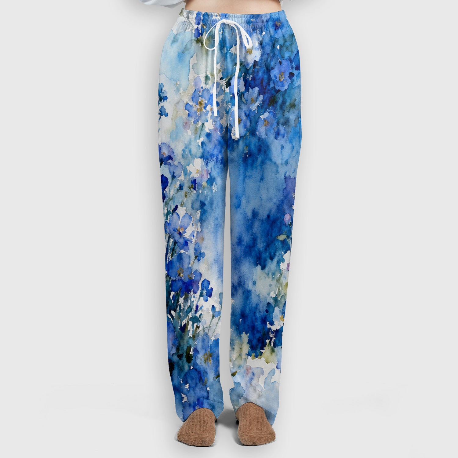 Adorable Blue Floral White Cat Pattern Scrub Set, Scrub Pants and V Neck Top