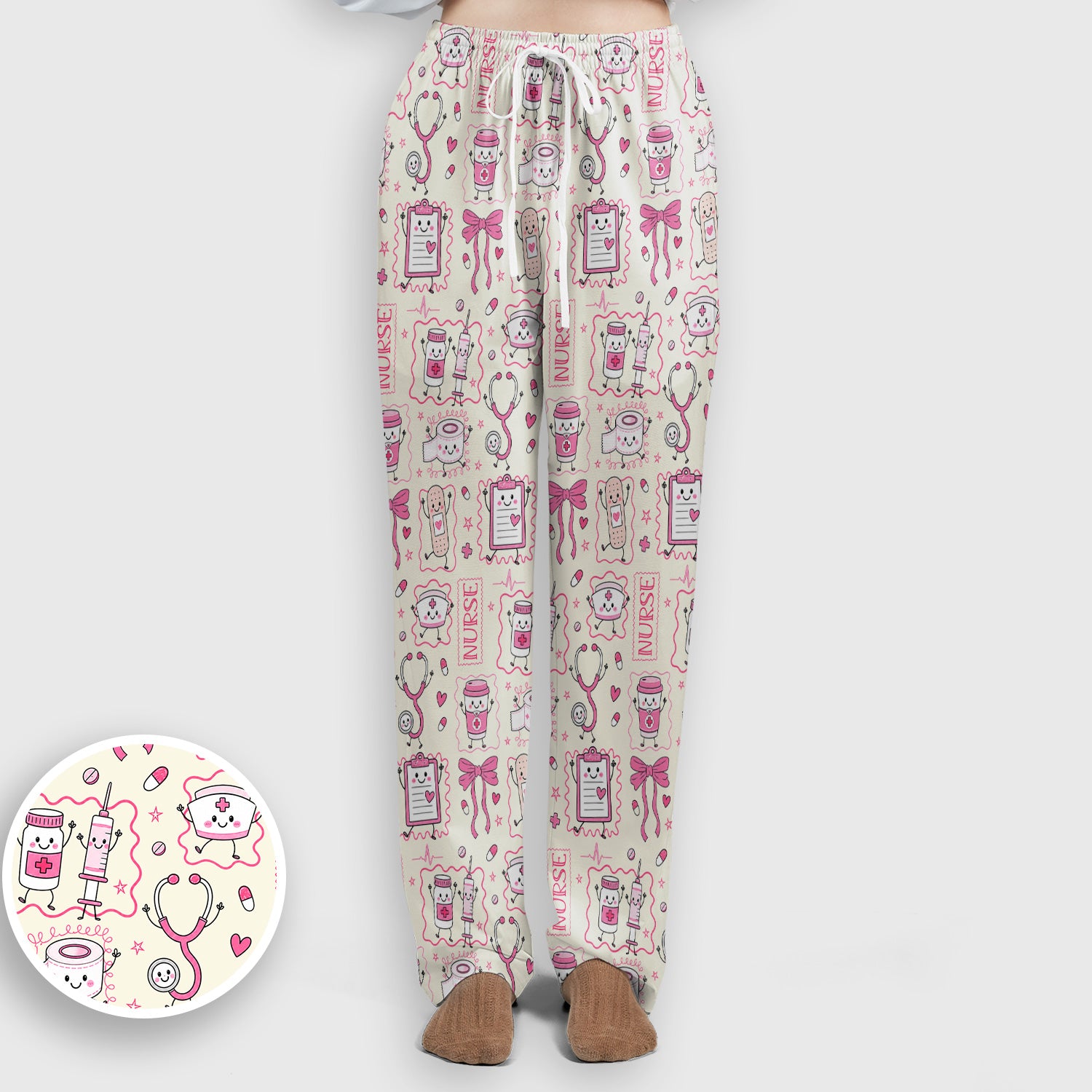 Cute Nurse Doodle with Bandage & Coffee Icons Scrub Set, Scrub Pants and V Neck Top