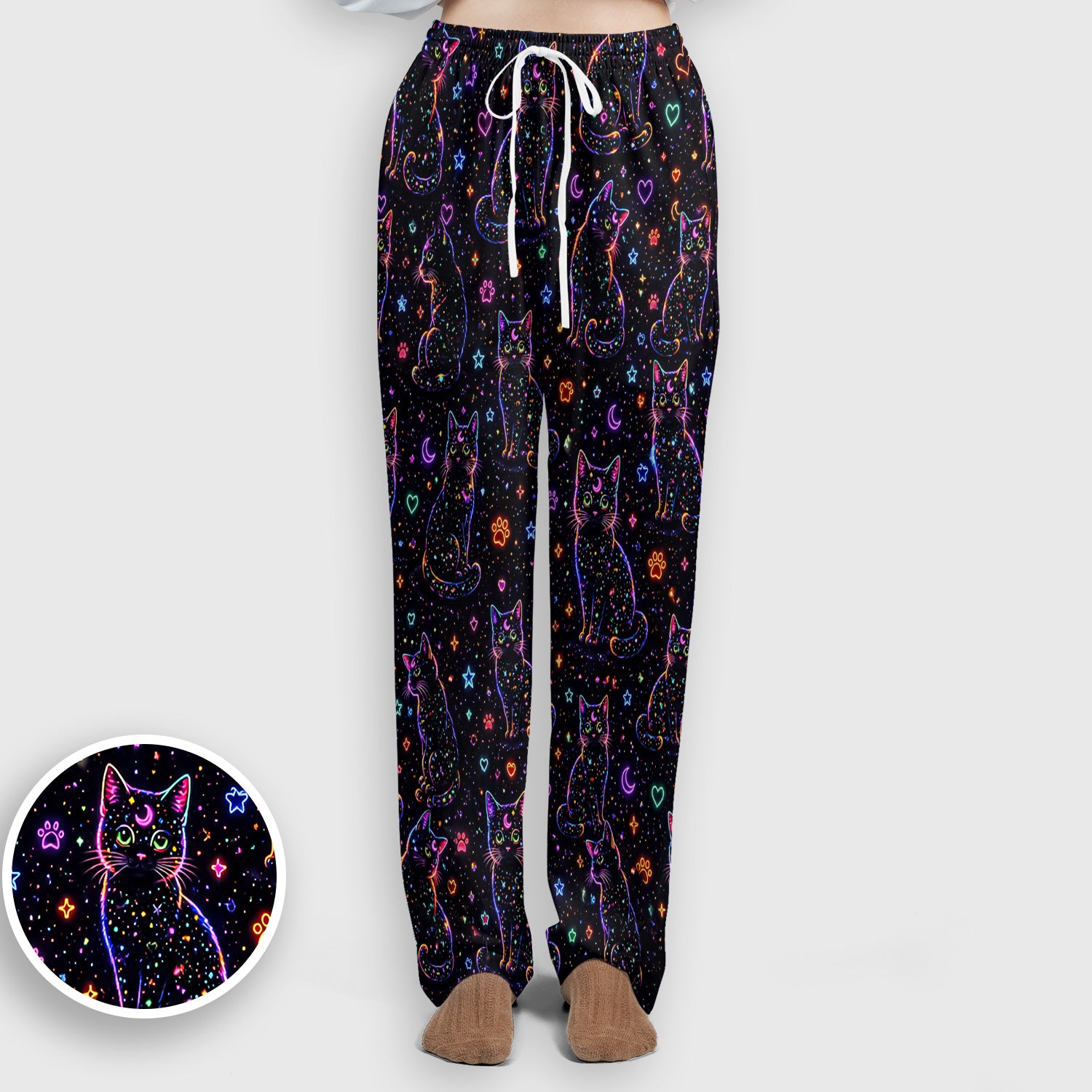 Mystical Cosmic Moon Cat Pattern Scrub Set, Scrub Pants and V Neck Top