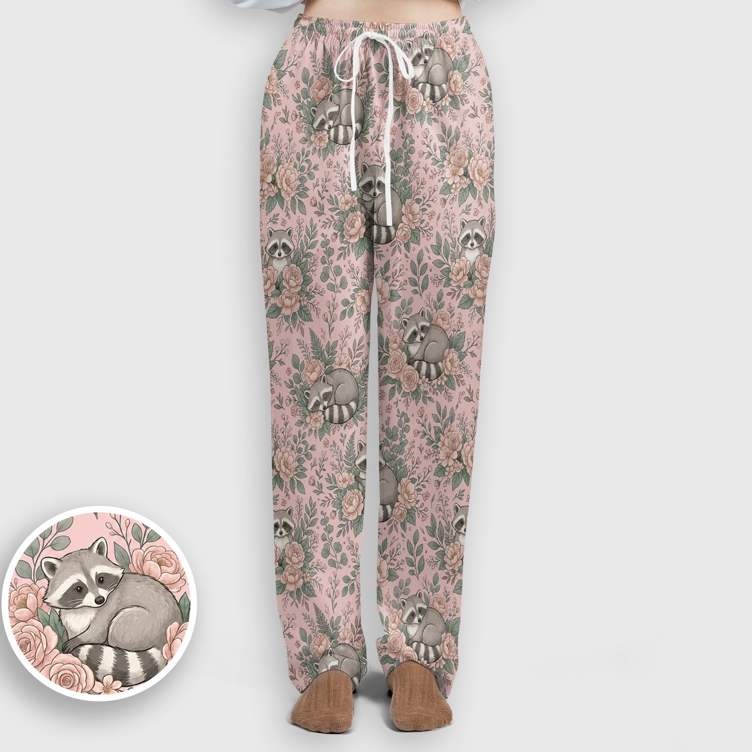 Sleeping Raccoon Rose Garden Pattern Scrub Set, Scrub Pants and V Neck Top
