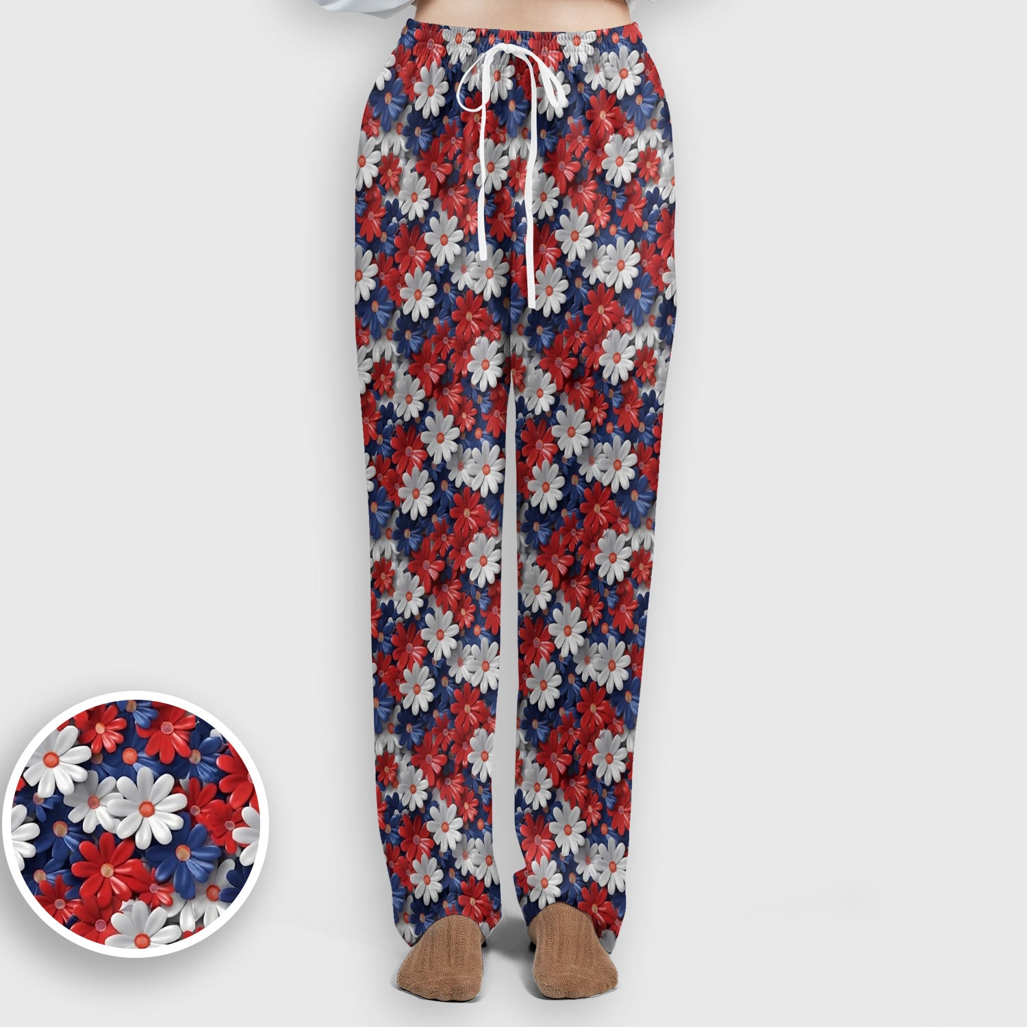 Festive Patriotic Daisy Bloom Pattern Scrub Set, Scrub Pants and V Neck Top