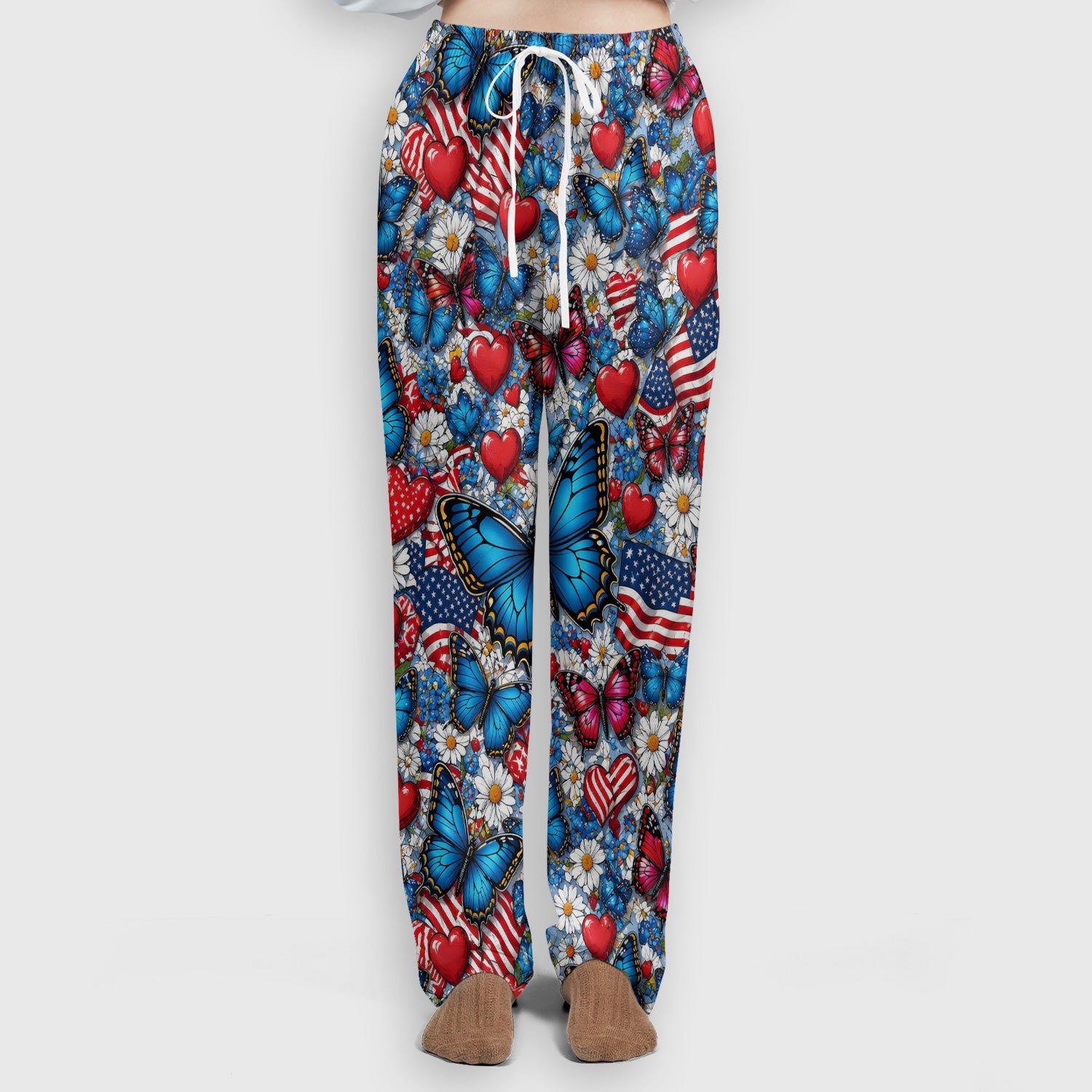 Festive Patriotic Butterfly Heart Floral Pattern Scrub Set, Scrub Pants and V Neck Top