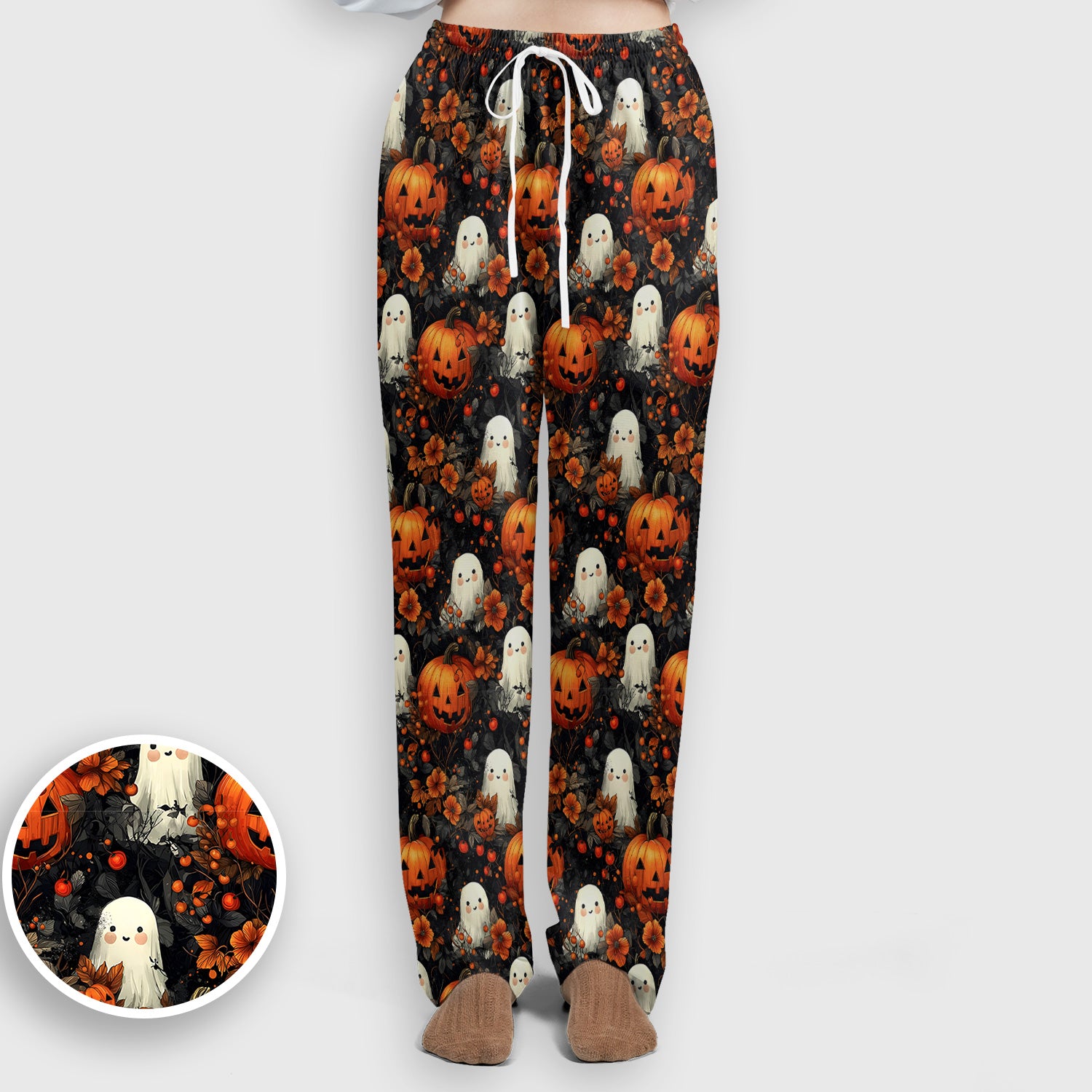 Spooky Halloween Ghost And Pumpkin Pattern Scrub Set, Scrub Pants and V Neck Top