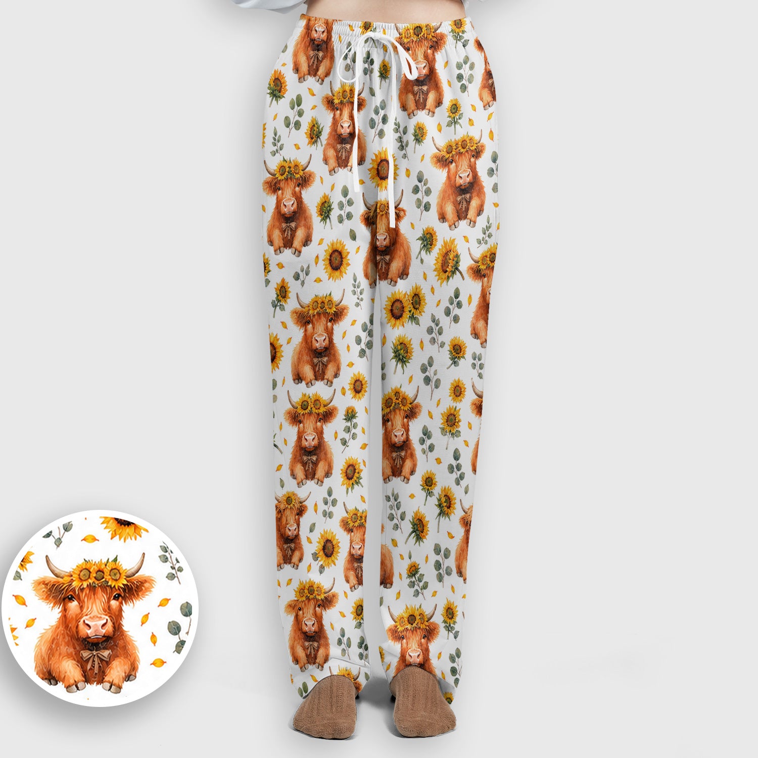 Rustic Highland Cow Floral Pattern Scrub Set, Scrub Pants and V Neck Top