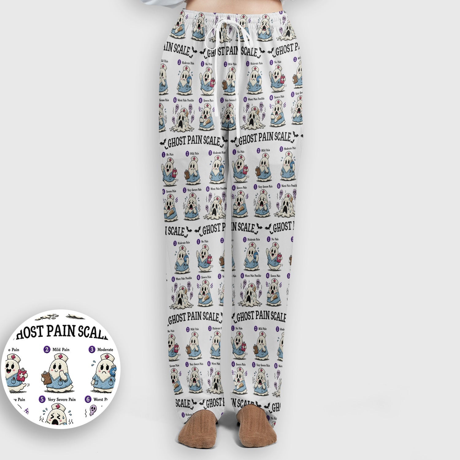 Funny Ghost Pain Scale Pattern Scrub Set, Scrub Pants and V Neck Top