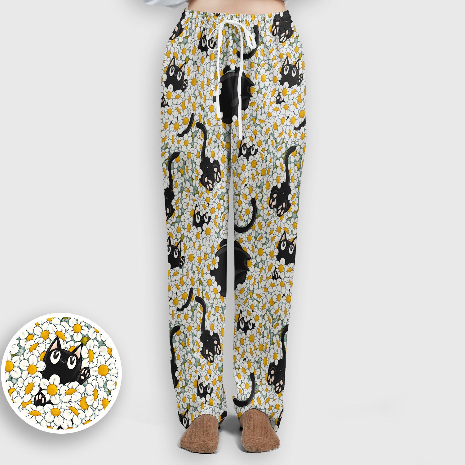 Daisy Black Cat Nurse Pattern Scrub Set, Scrub Pants and V Neck Top