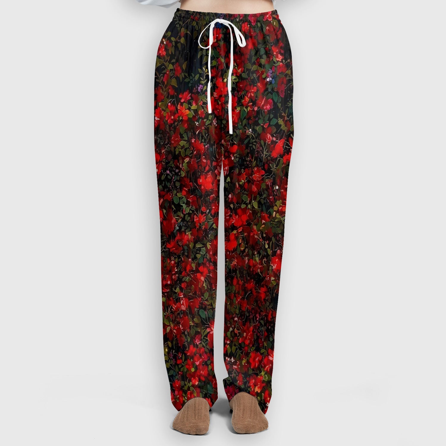 Black Cat Sitting By Red Floral Garden Window Scrub Set, Scrub Pants and V Neck Top