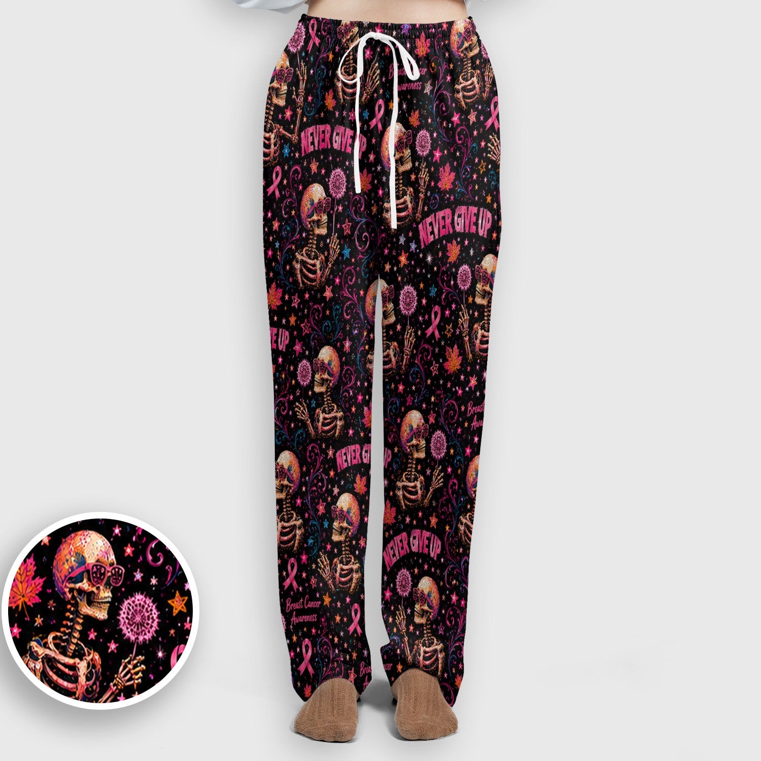 Breast Cancer Awareness Skeletons Pattern Scrub Set, Scrub Pants and V Neck Top
