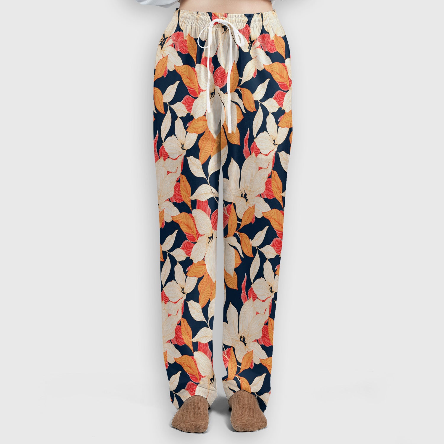 Elegant Ivory Lily Leaves Pattern Scrub Set, Scrub Pants and V Neck Top