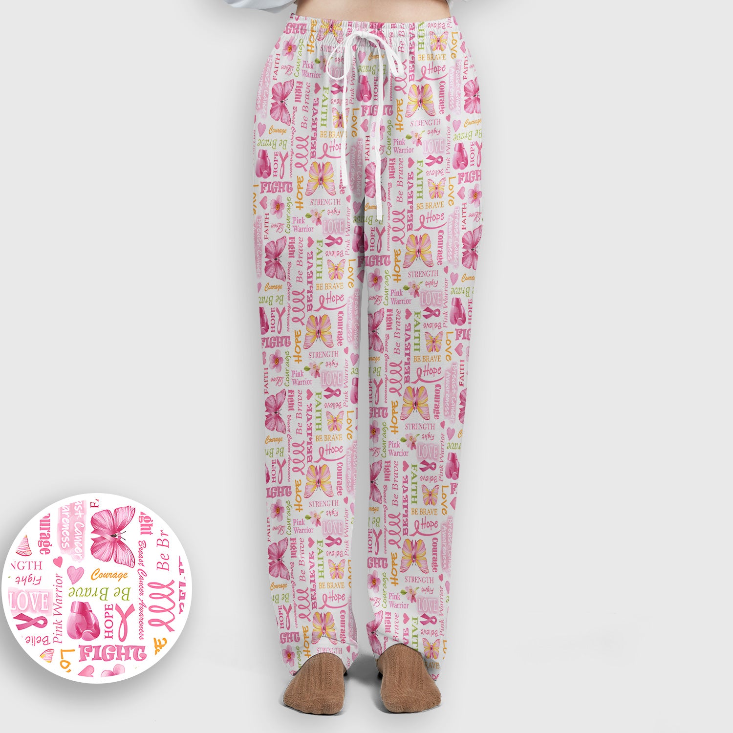 Pink Ribbon Butterfly Print Scrub Set, Scrub Pants and V Neck Top