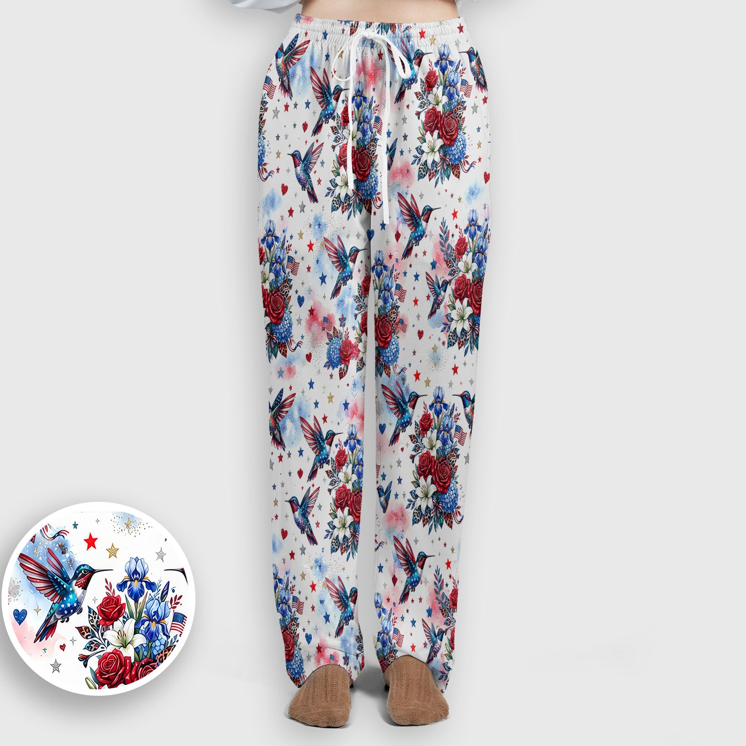 Patriotic Hummingbird Floral Bouquet Pattern Scrub Set, Scrub Pants and V Neck Top