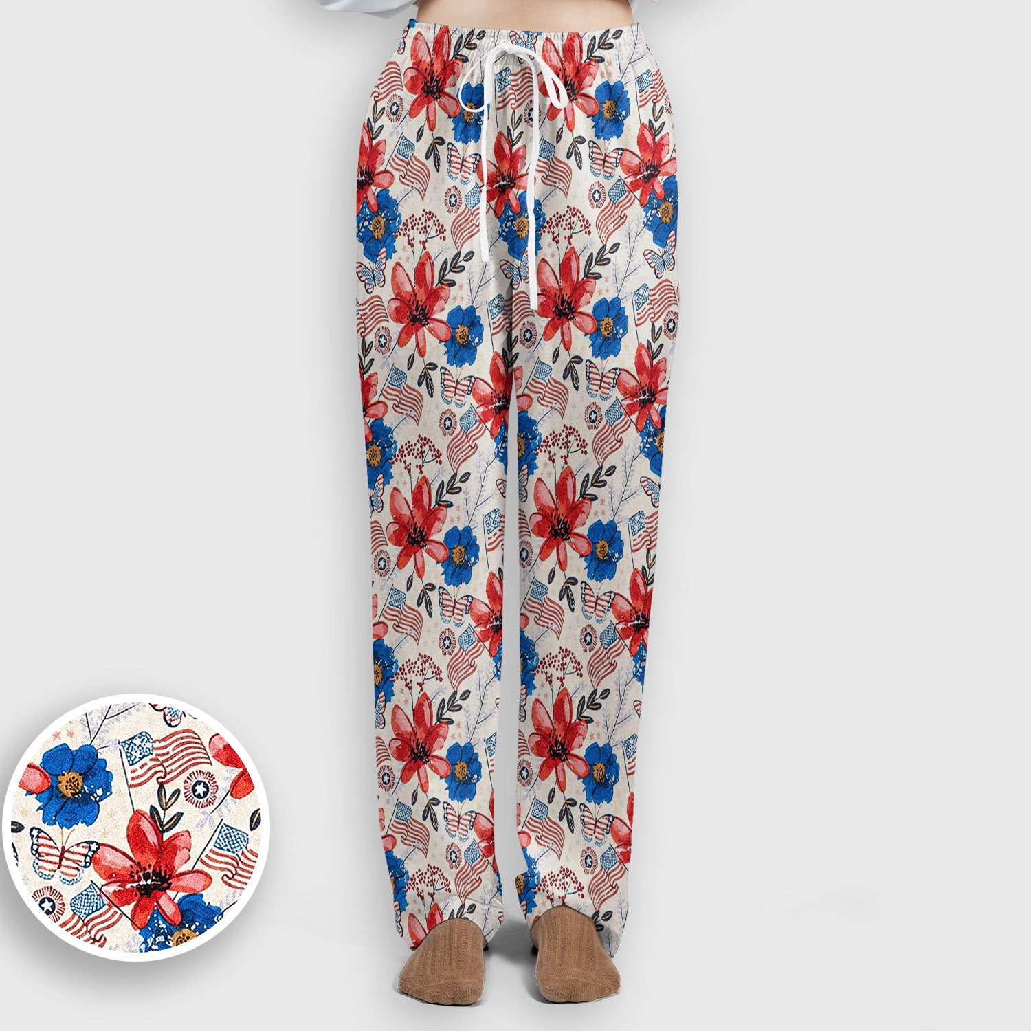 Patriotic Floral Flag Butterfly Pattern Scrub Set, Scrub Pants and V Neck Top