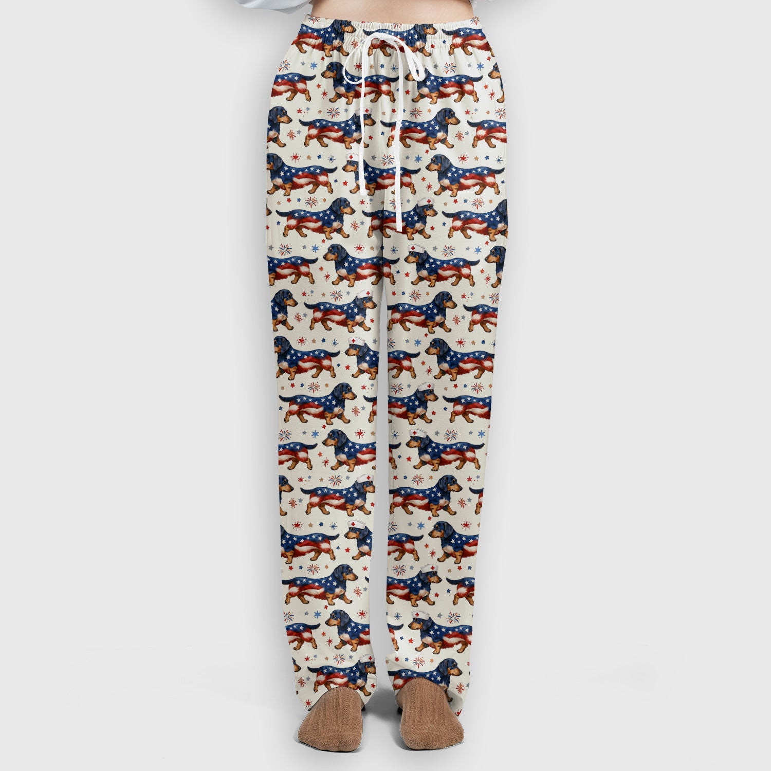 Patriotic Dachshund Dog American Flag Pattern Nurse Scrub Set, Scrub Pants and V Neck Top