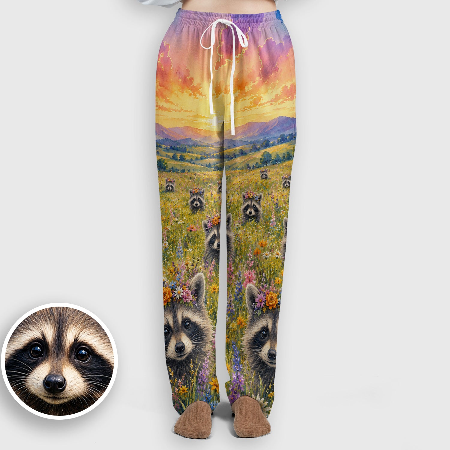 Floral Raccoon Meadow Veterinary Nurse Pattern Scrub Set, Scrub Pants and V Neck Top