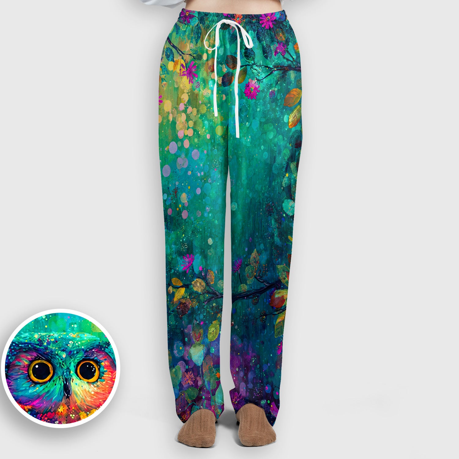 Vibrant Neon Owl Pattern, Colorful Forest Medical Scrub Set, Scrub Pants and V Neck Top