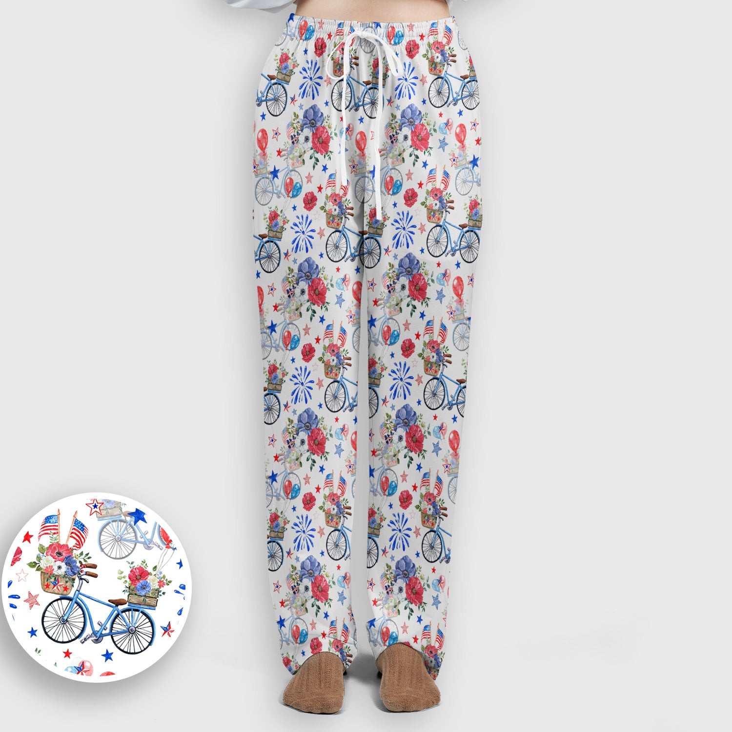 Patriotic Bicycle Floral Fireworks Print Scrub Set, Scrub Pants and V Neck Top