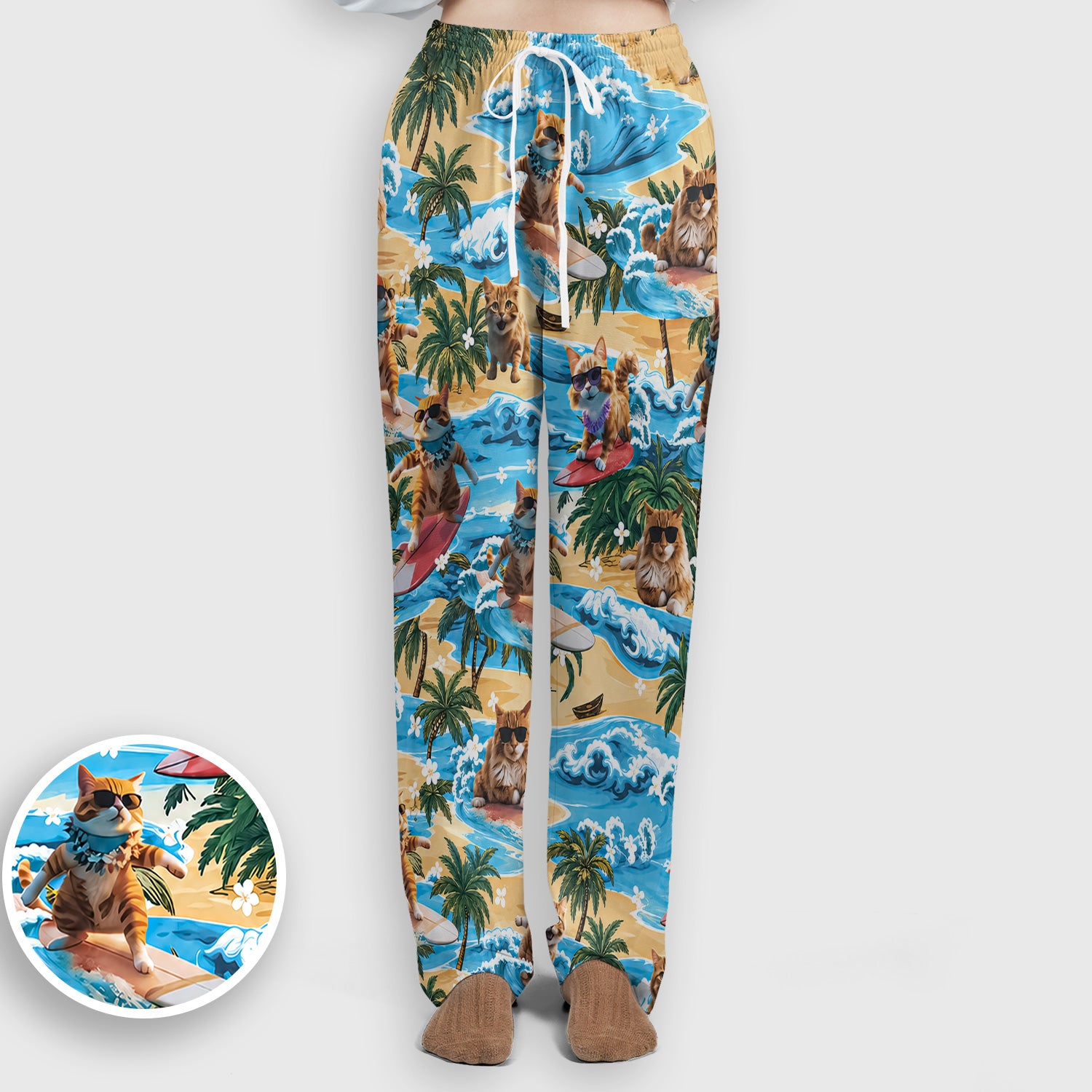Tropical Surfing Cat with Beach Wave Island Print Scrub Set, Scrub Pants and V Neck Top