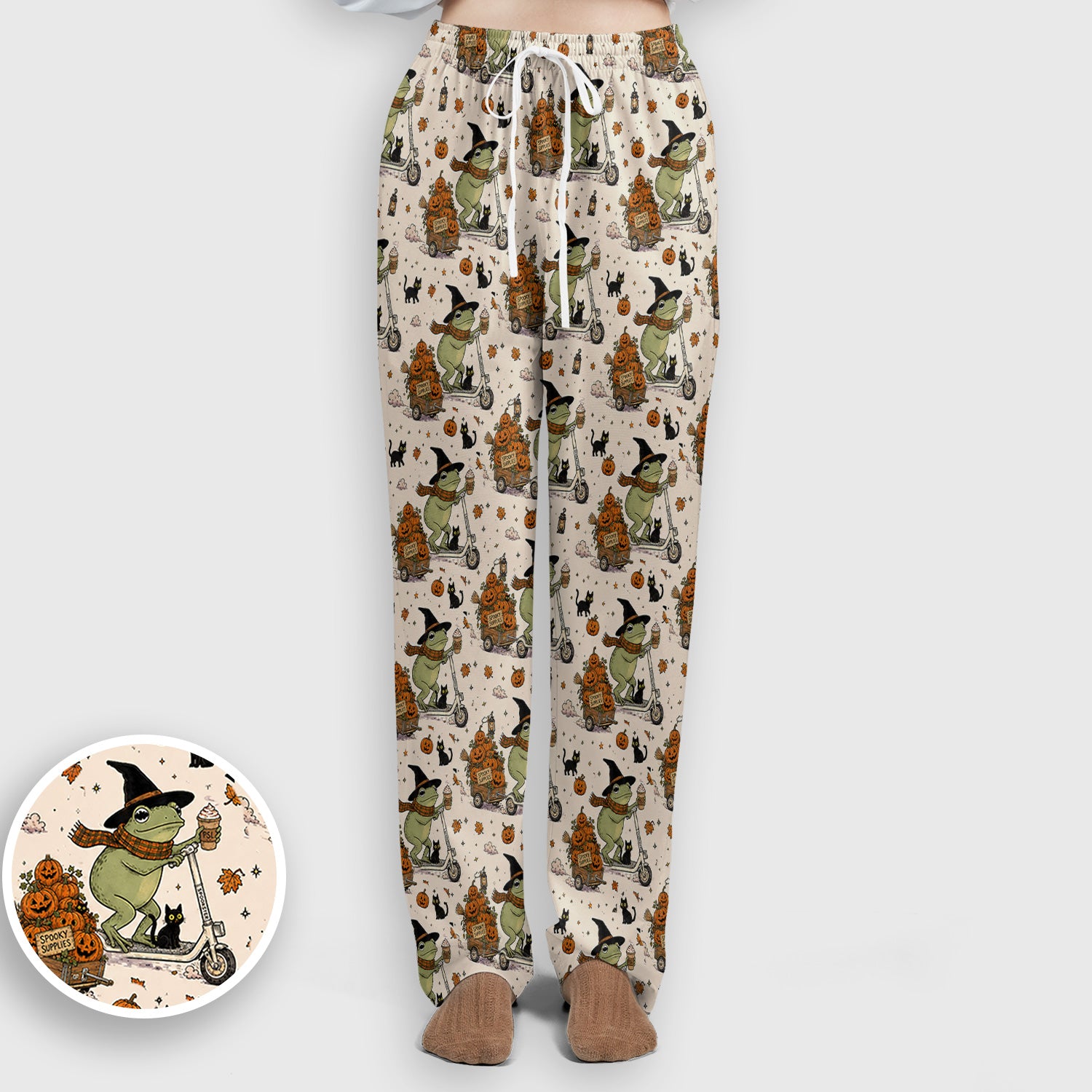 Cute Halloween Witch Frog And Pumpkins Scrub Set, Scrub Pants and V Neck Top