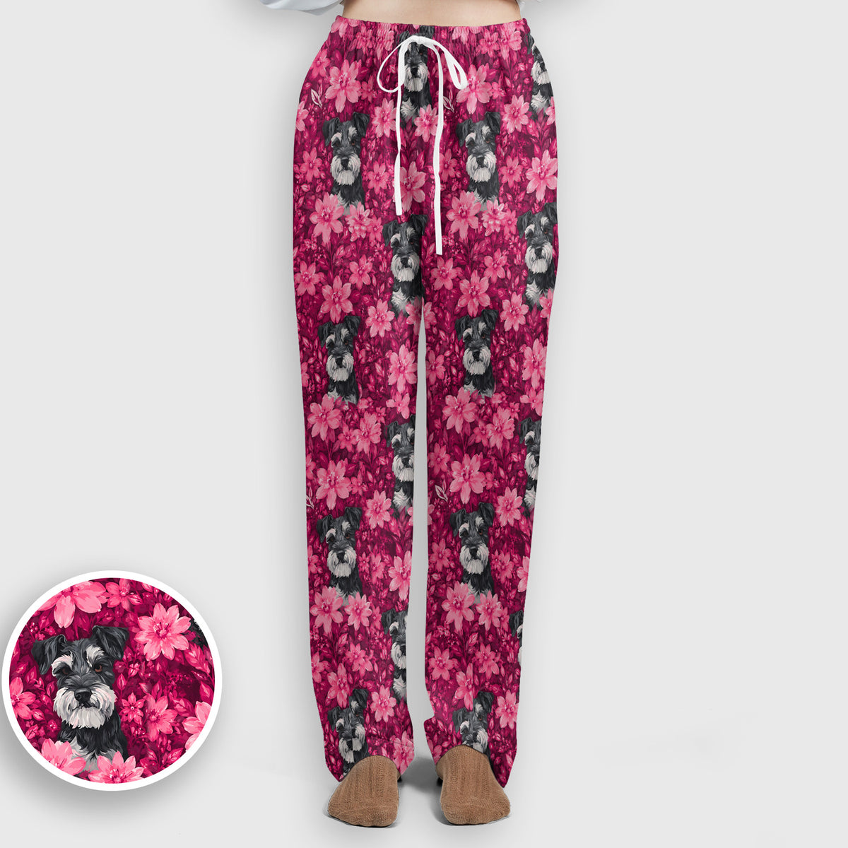 Pink Floral Schnauzer Pattern Scrub Set, Scrub Pants and V Neck Top