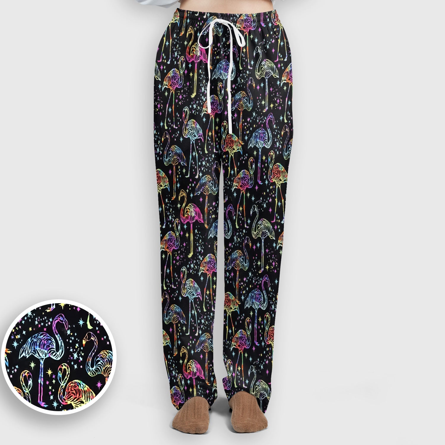 Neon Flamingo Starry Night Pattern Scrub Set, Scrub Pants and V Neck Top