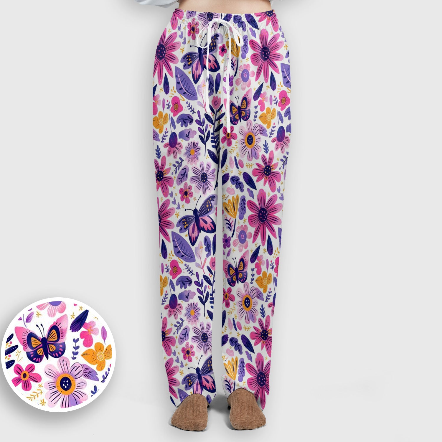 Cute Butterfly Wildflower Garden Pattern Scrub Set, Scrub Pants and V Neck Top