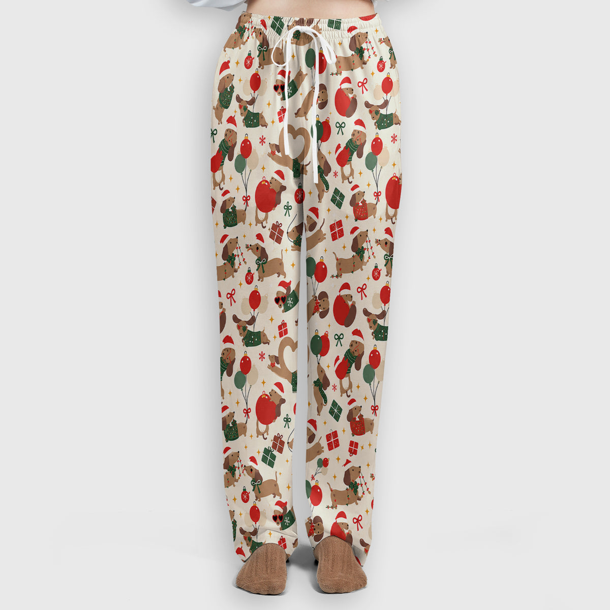 Cute Christmas Dachshund Pattern Scrub Set, Scrub Pants and V Neck Top