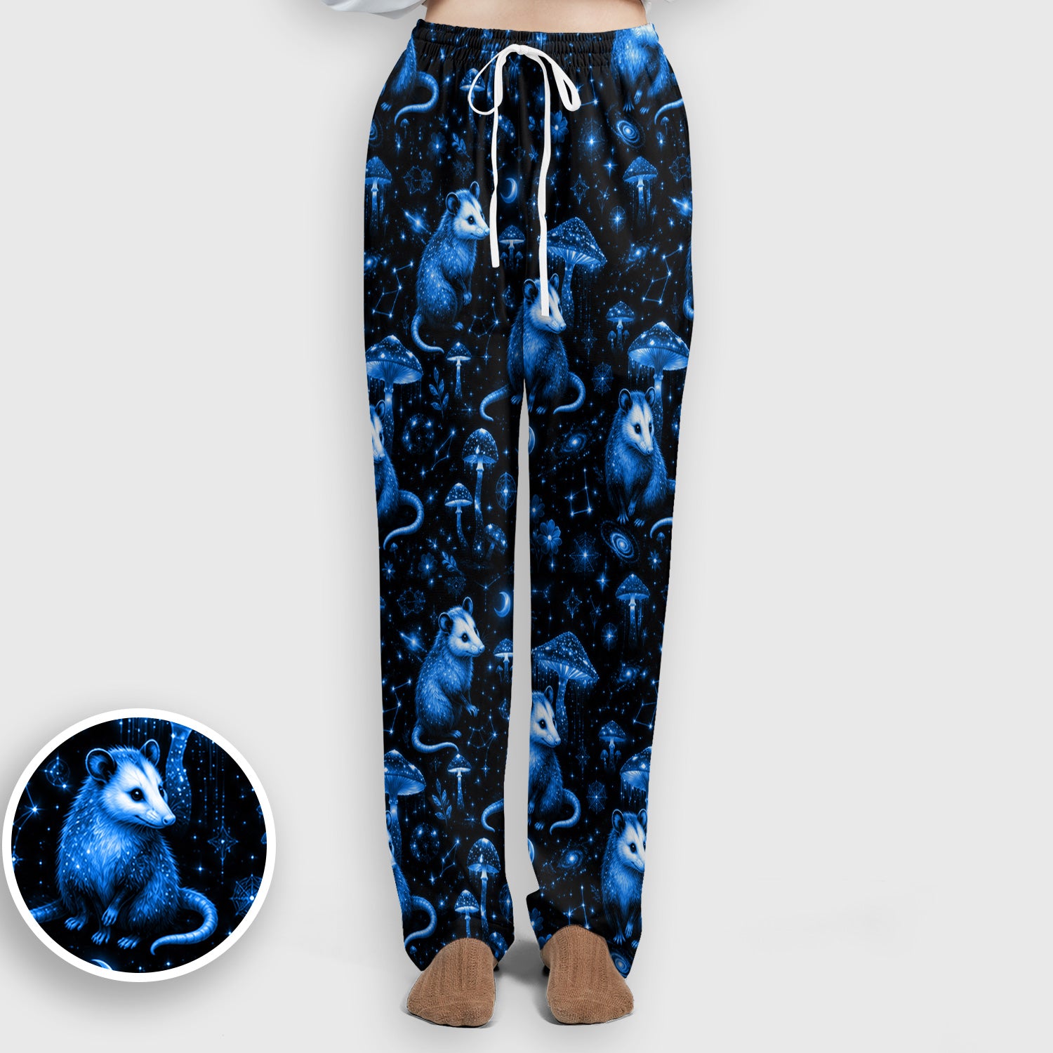 Celestial Blue Opossum With Mushroom Pattern Scrub Set, Scrub Pants and V Neck Top