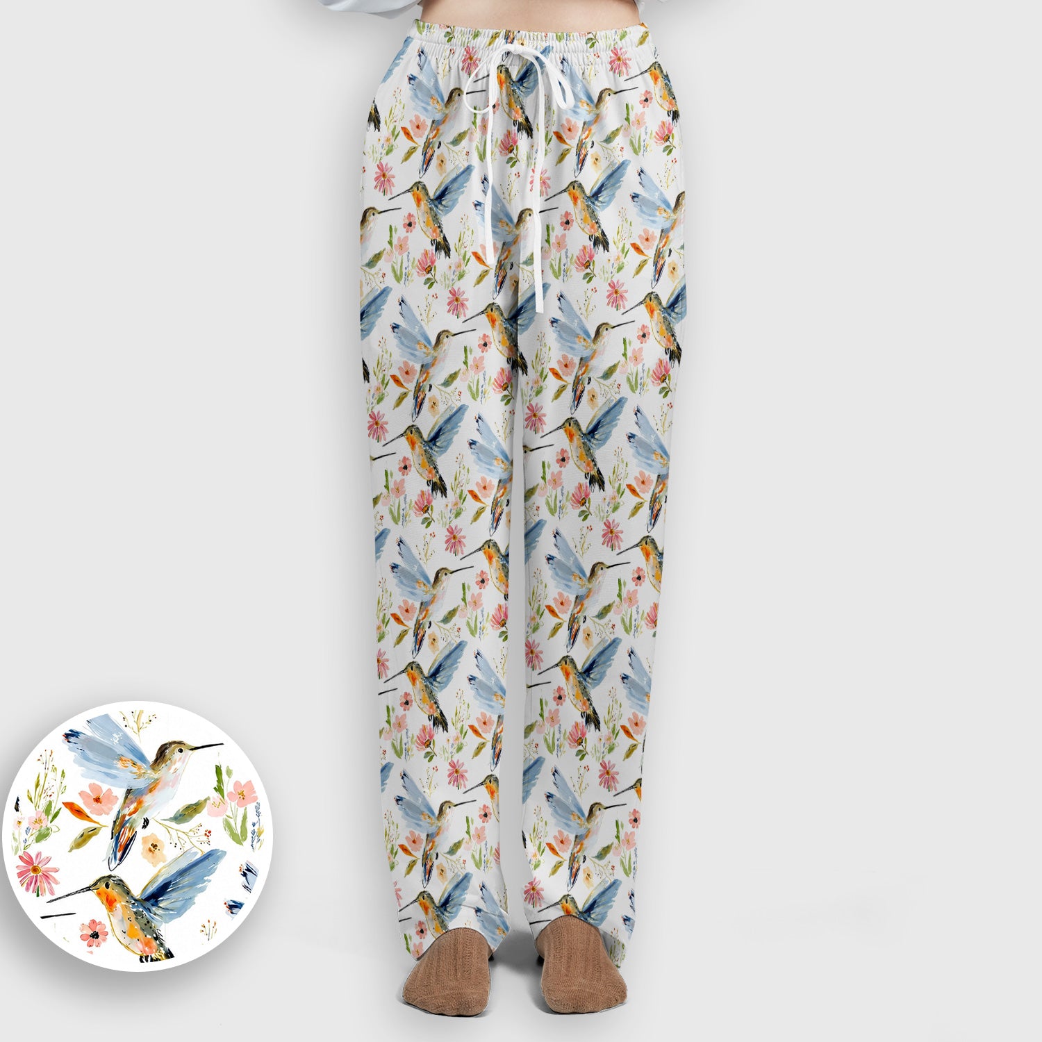 Watercolor Hummingbird Floral Pattern Scrub Set, Scrub Pants and V Neck Top