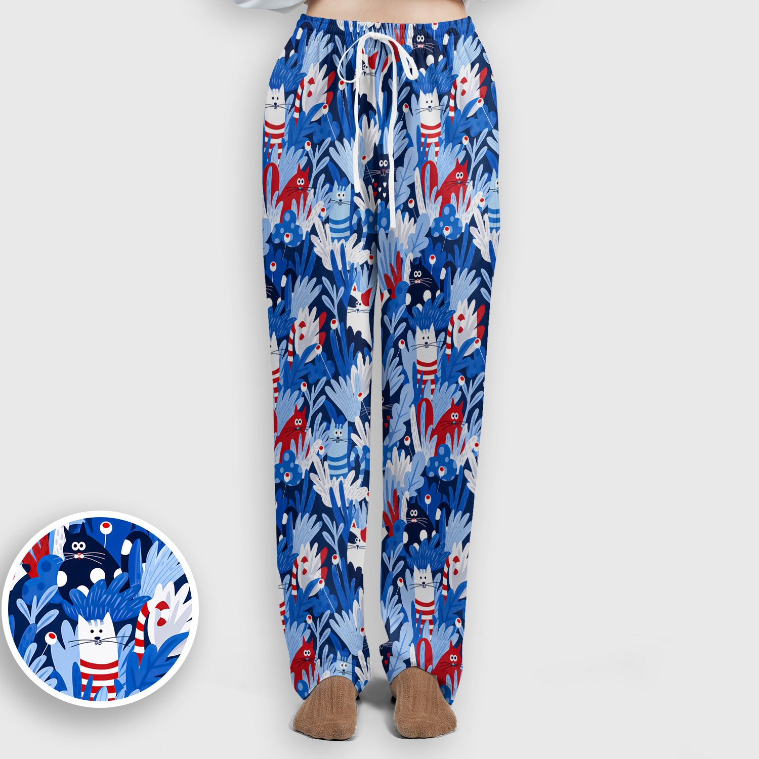 Cute Cats Among Blue Foliage Pattern Scrub Set, Scrub Pants and V Neck Top