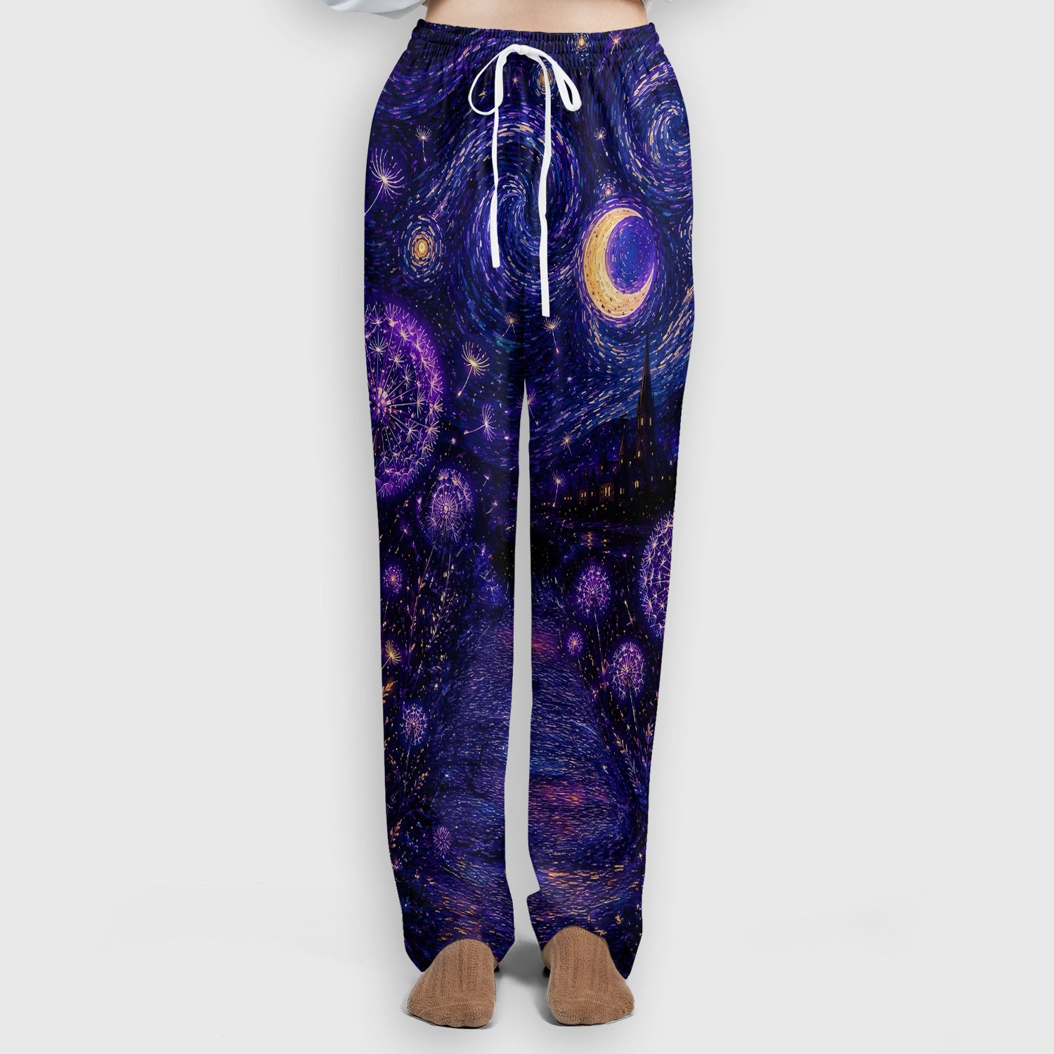 Mystical Black Cat Starry Night Print Scrub Set, Scrub Pants and V Neck Top