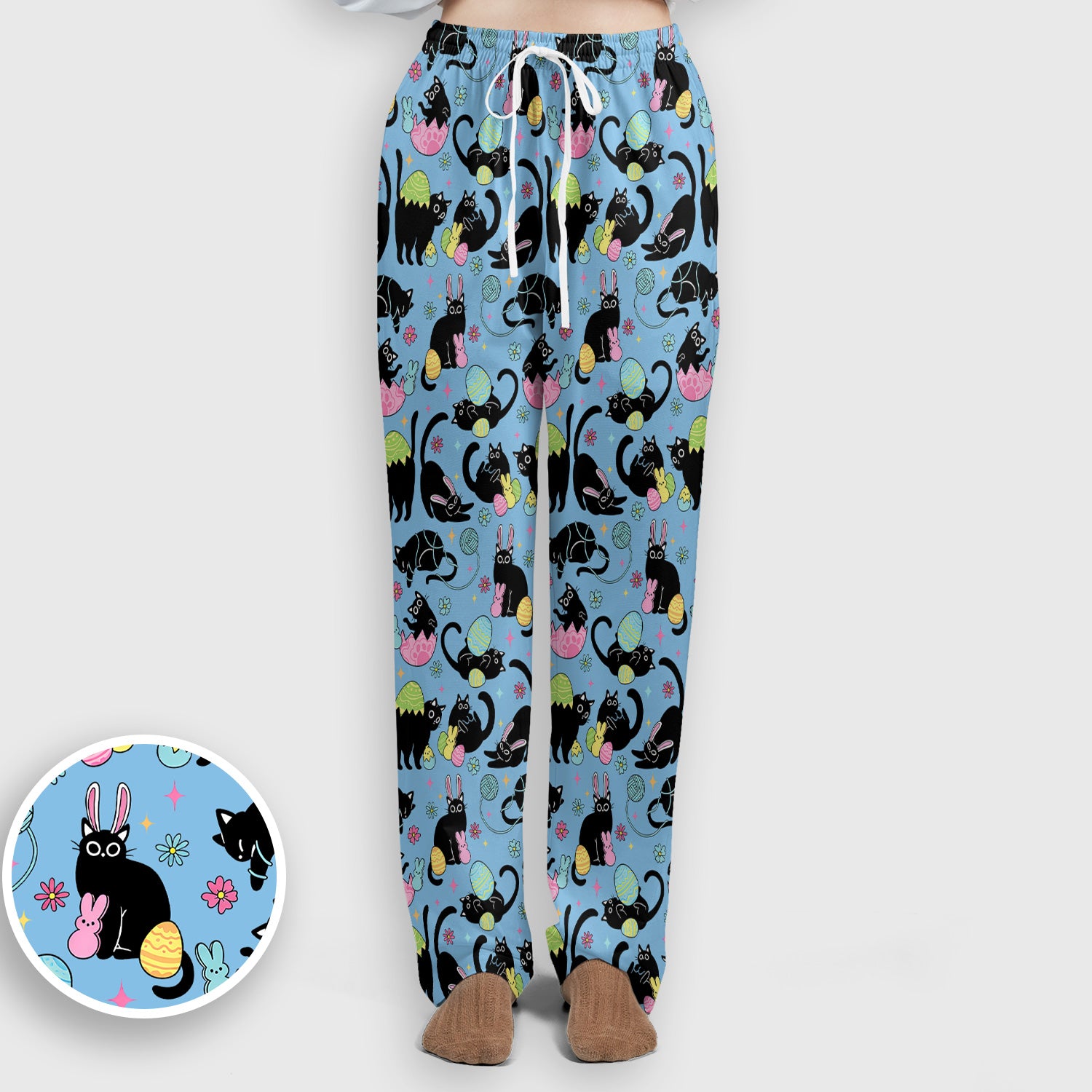 Funny Easter Black Cat Egg Pattern Scrub Set, Scrub Pants and V Neck Top