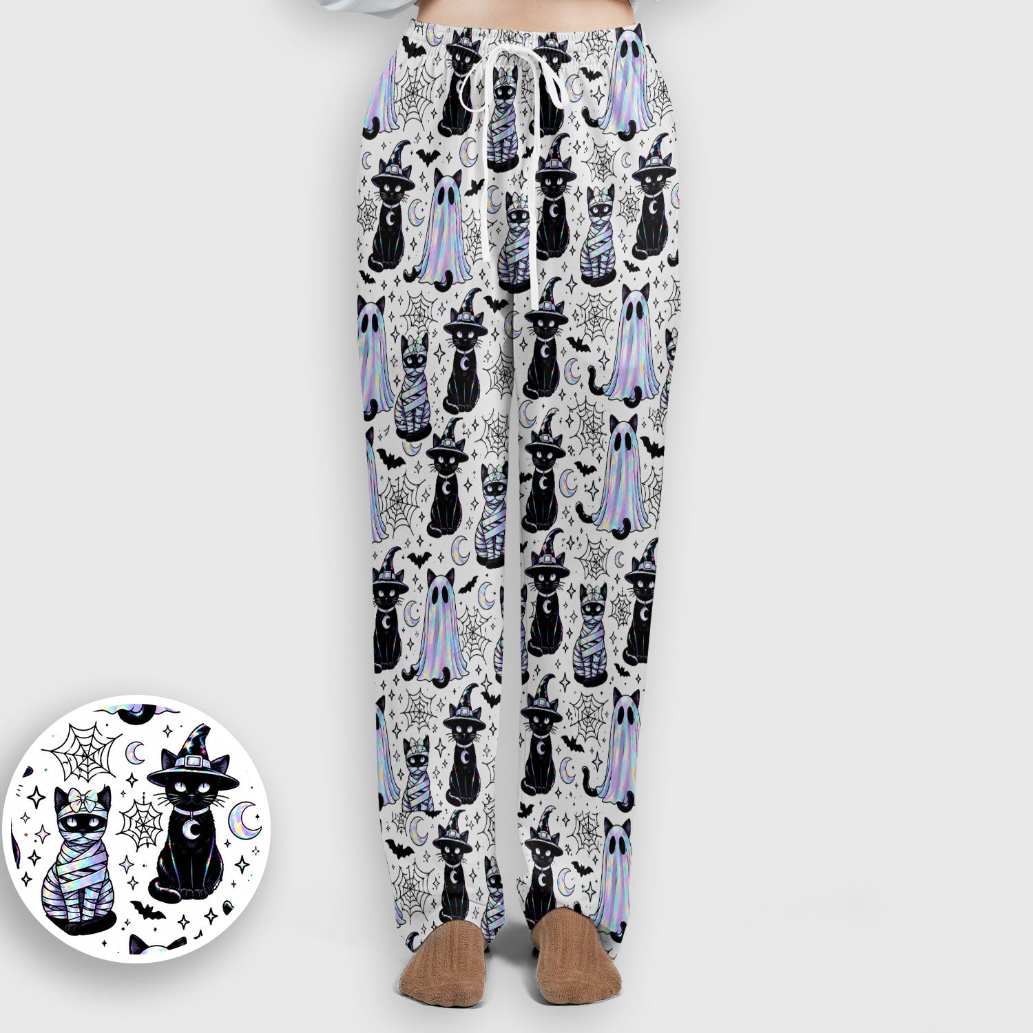 Ghost Witch Cat Pattern Scrub Set, Scrub Pants and V Neck Top