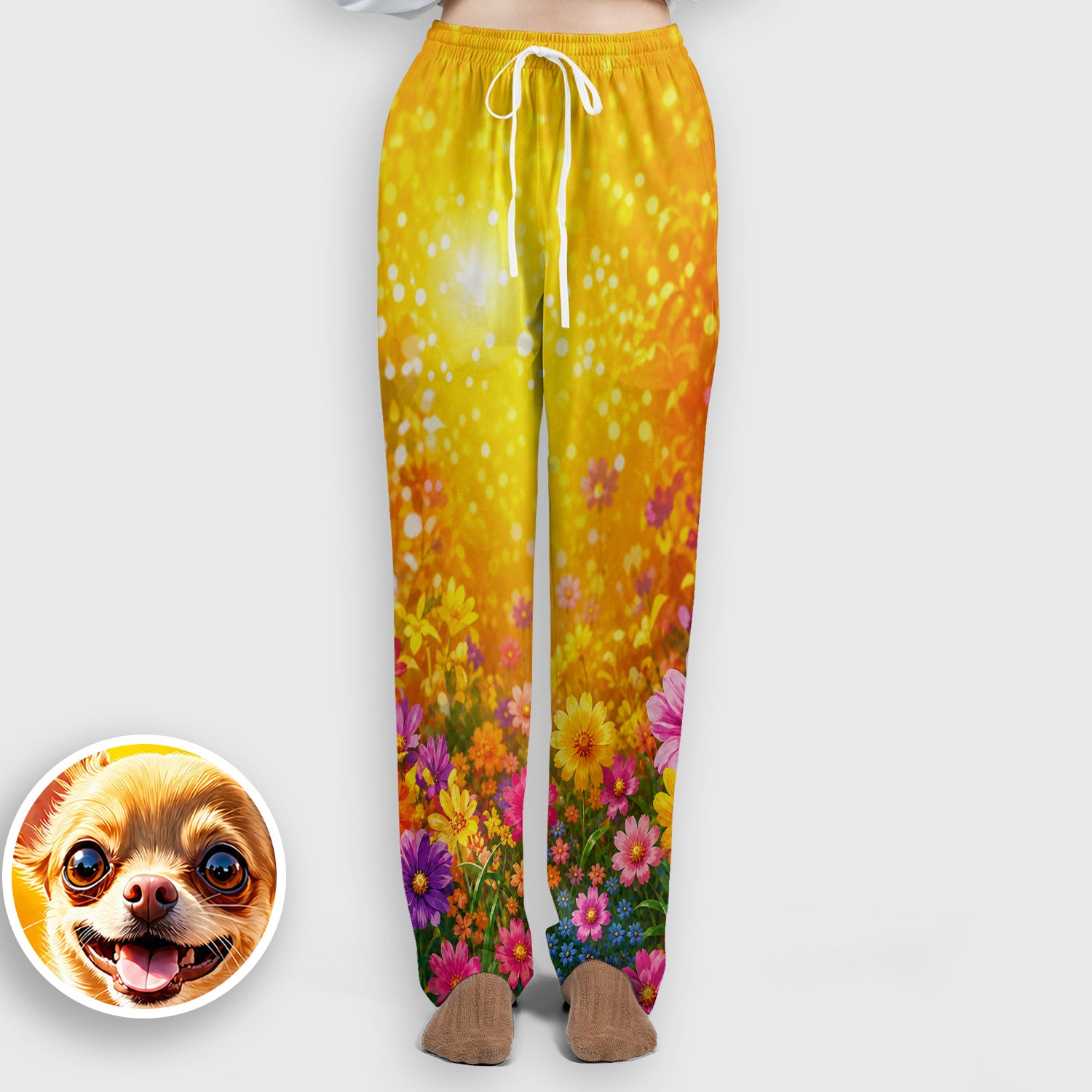 Cute Chihuahua Flower Meadow Pattern Scrub Set, Scrub Pants and V Neck Top