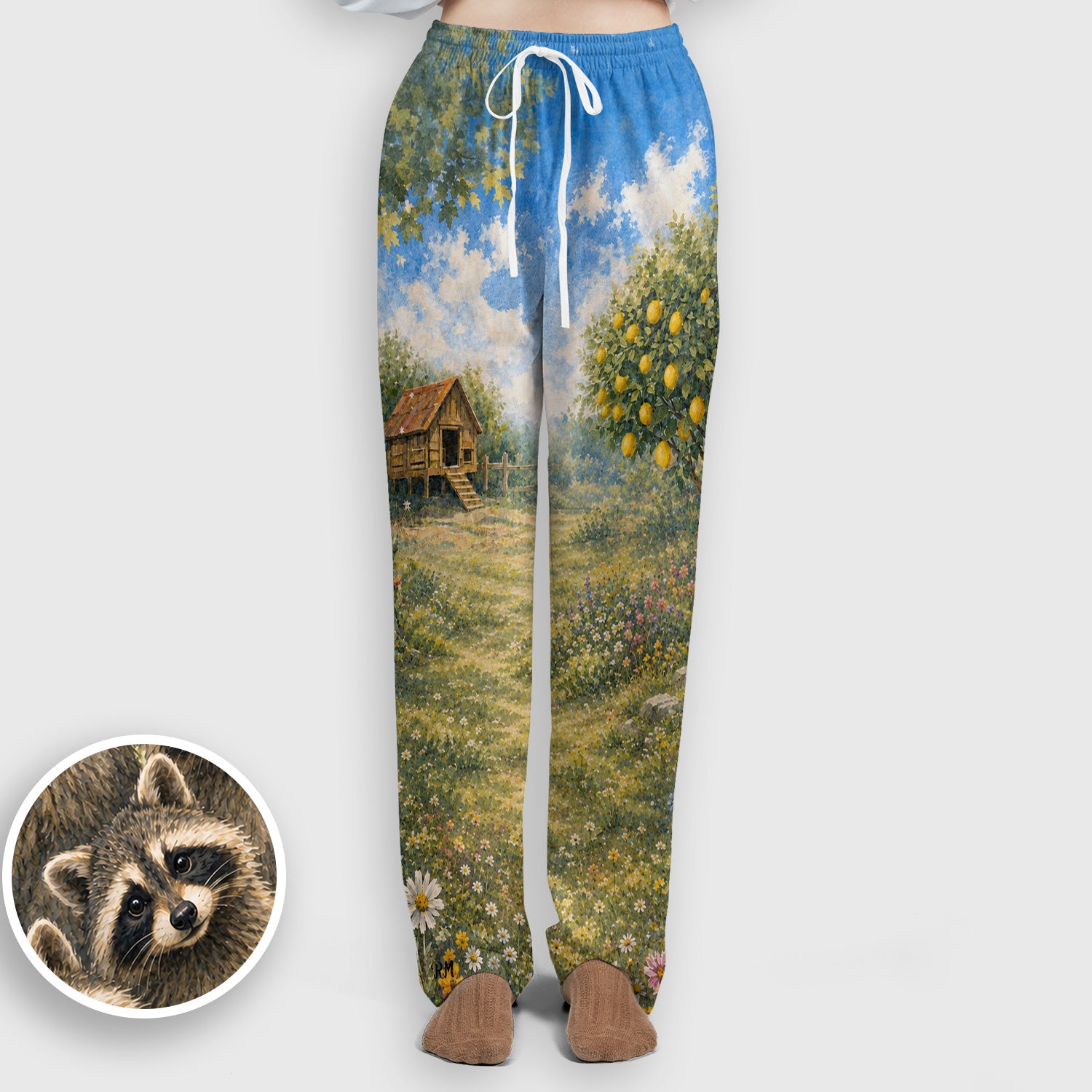 Adorable Raccoon Family Garden Pattern Scrub Set, Scrub Pants and V Neck Top