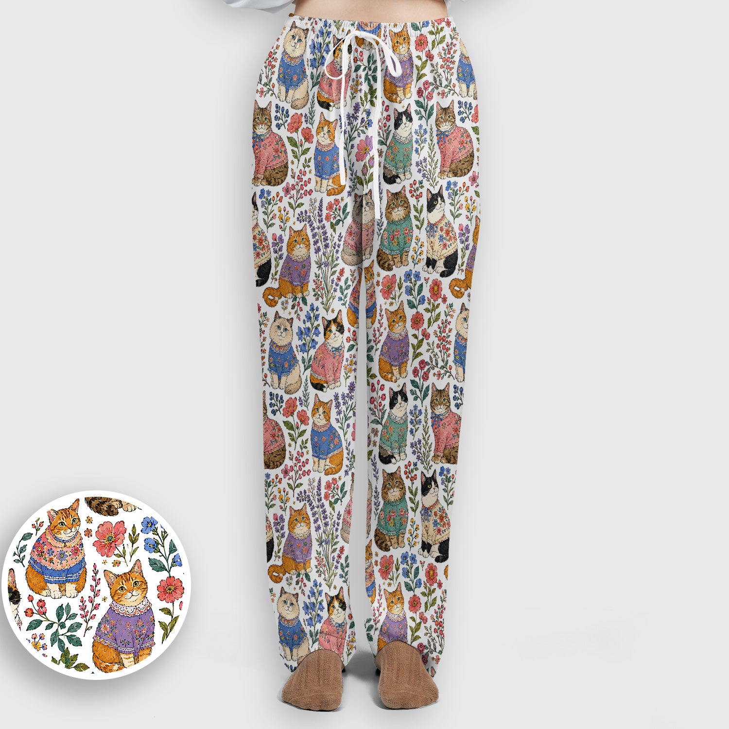 Cute Floral Cat Pattern Scrub Set, Scrub Pants and V Neck Top