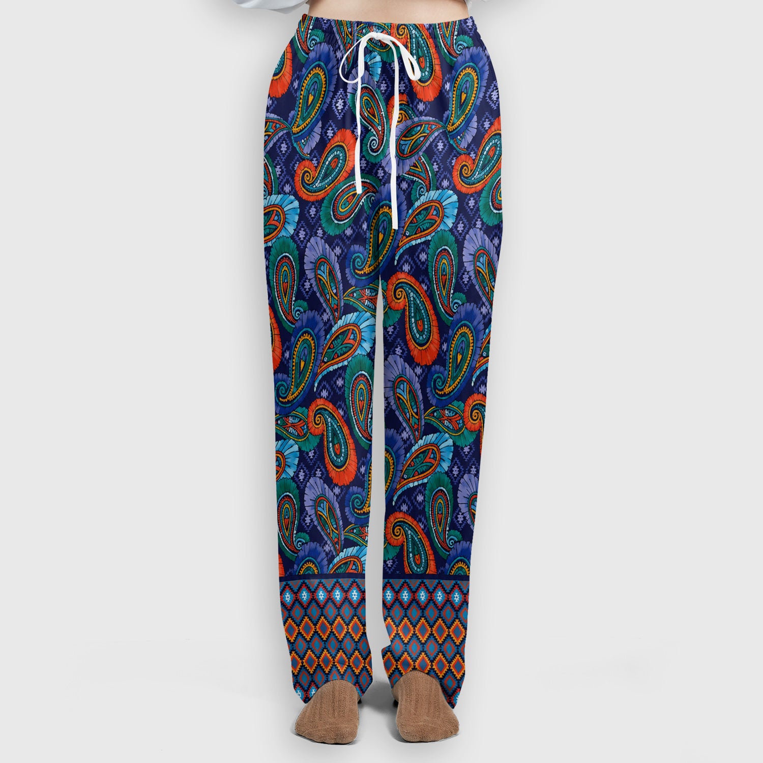 Colorful Paisley Geometric Border Pattern Scrub Set, Scrub Pants and V Neck Top
