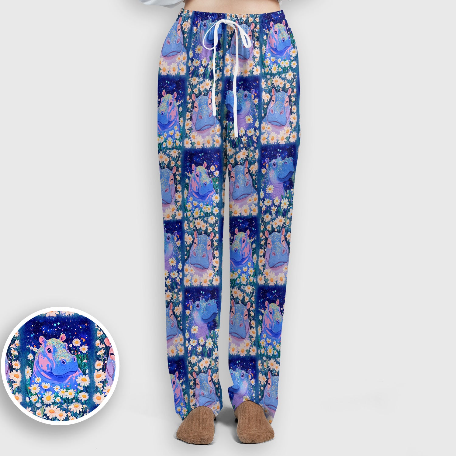 Cute Hippo Daisy Floral Patchwork Scrub Set, Scrub Pants and V Neck Top