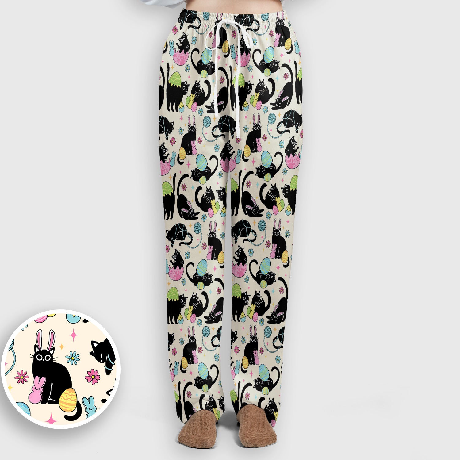 Funny Easter Black Cat Egg Pattern Scrub Set, Scrub Pants and V Neck Top