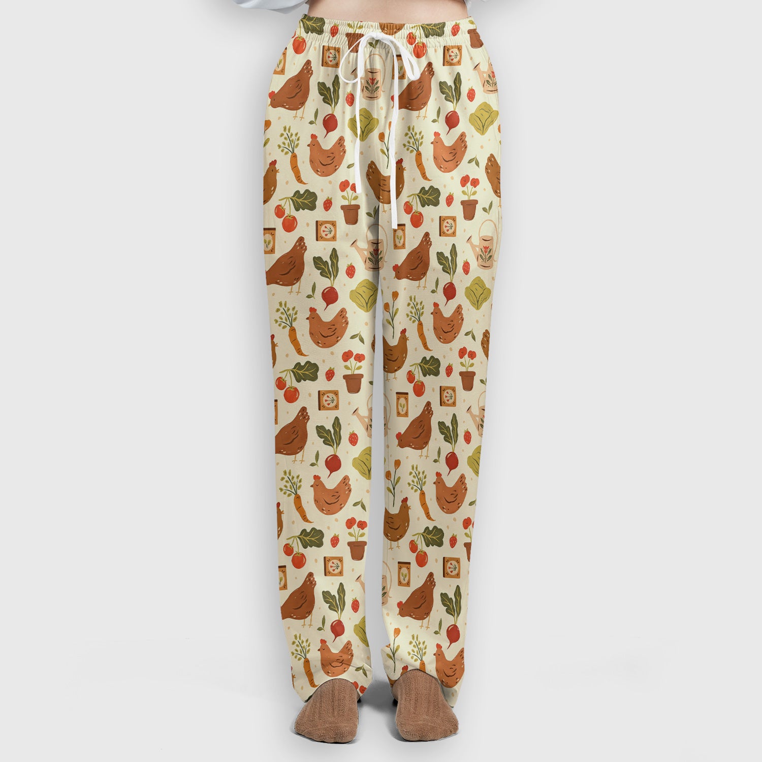 Rustic Farm Chicken Garden Vegetable Pattern Scrub Set, Scrub Pants and V Neck Top