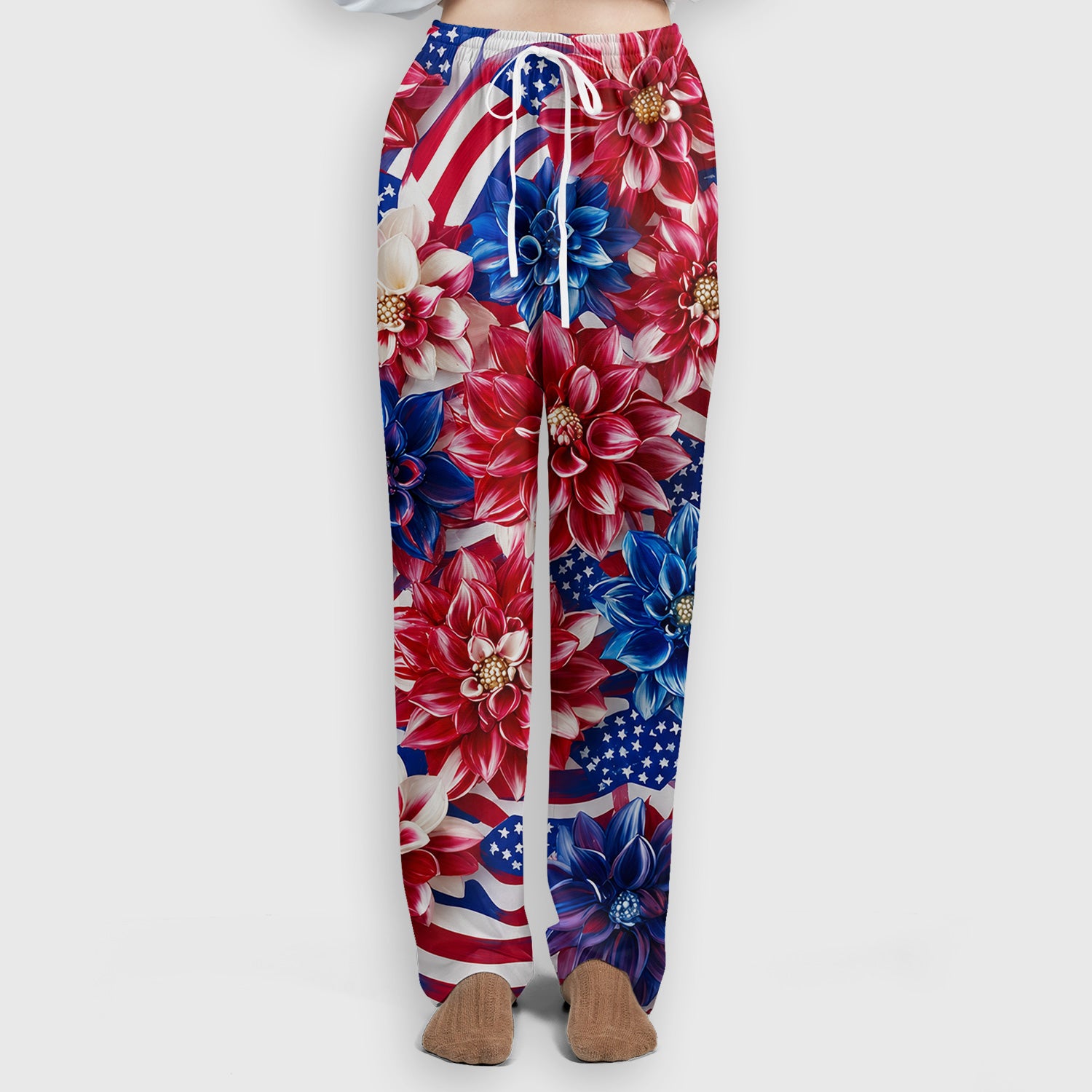 Festive Patriotic Floral Flag Pattern Scrub Set, Scrub Pants and V Neck Top