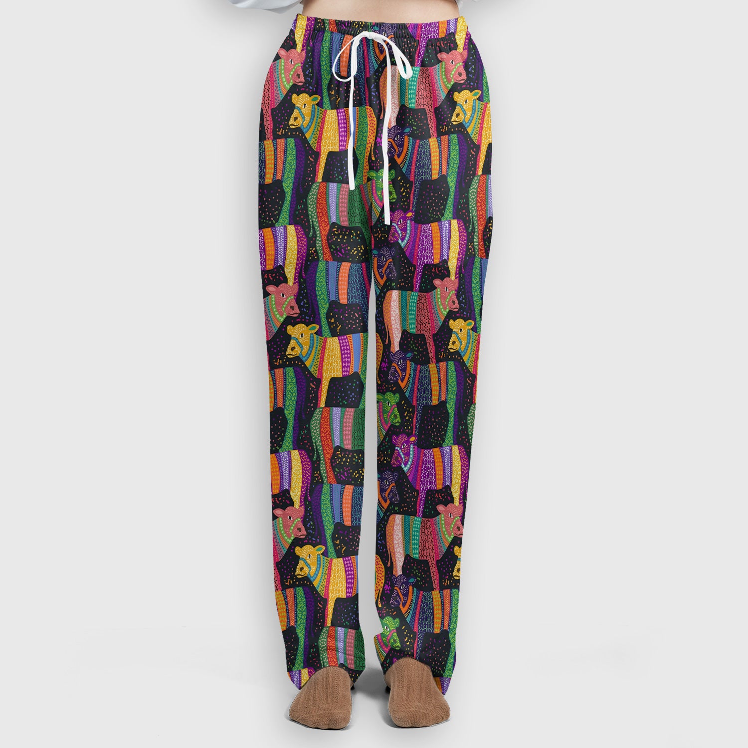 Vibrant Patchwork Rainbow Cow Pattern Scrub Set, Scrub Pants and V Neck Top
